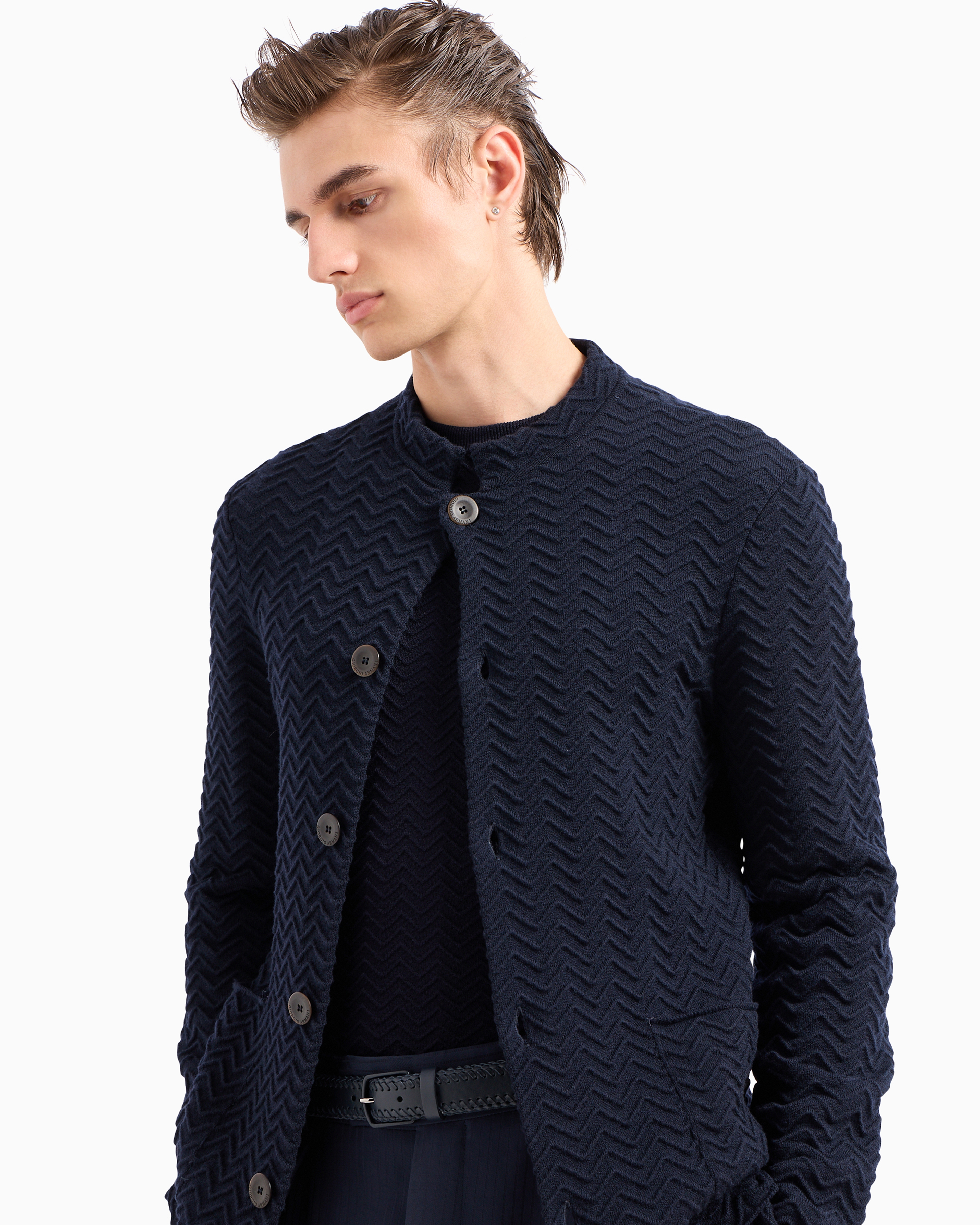 Shop Giorgio Armani Single-breasted Jacket In Chevron Ottoman Wool In Midnight Blue