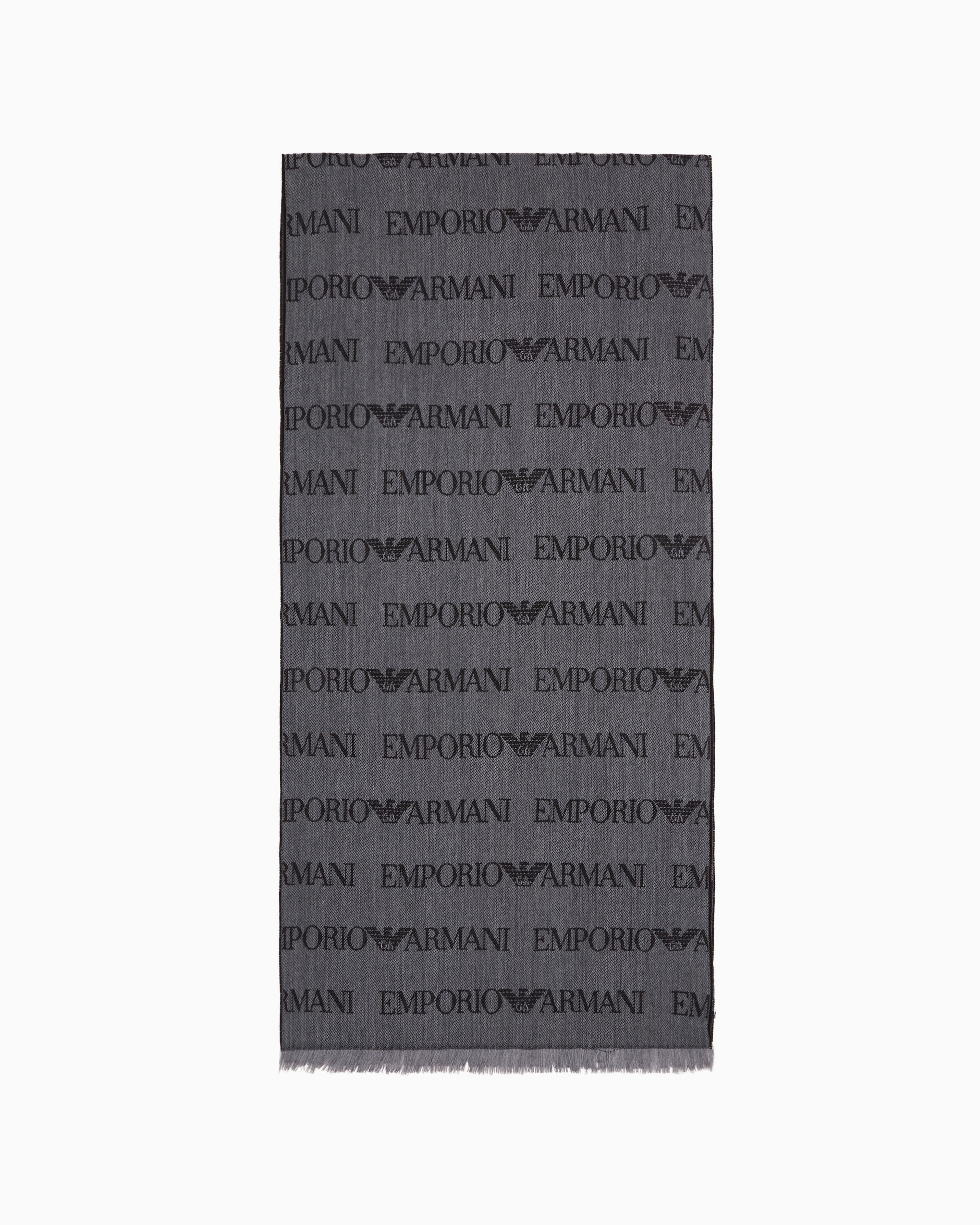 Emporio Armani Virgin-wool Blend Scarf With Jacquard Logo Lettering And Fringes In Grey