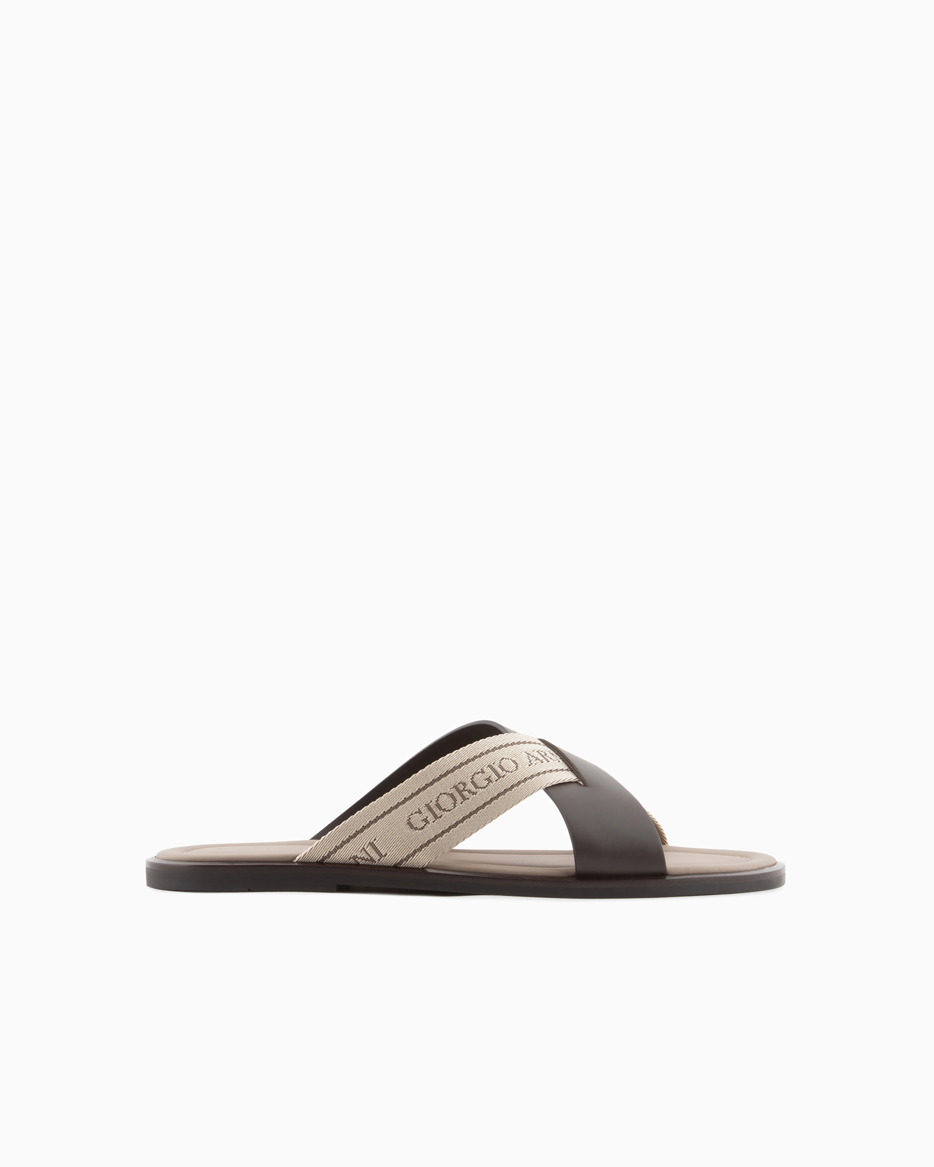 Giorgio Armani Official Store Leather Sandals With Two-toned Tape In Brown