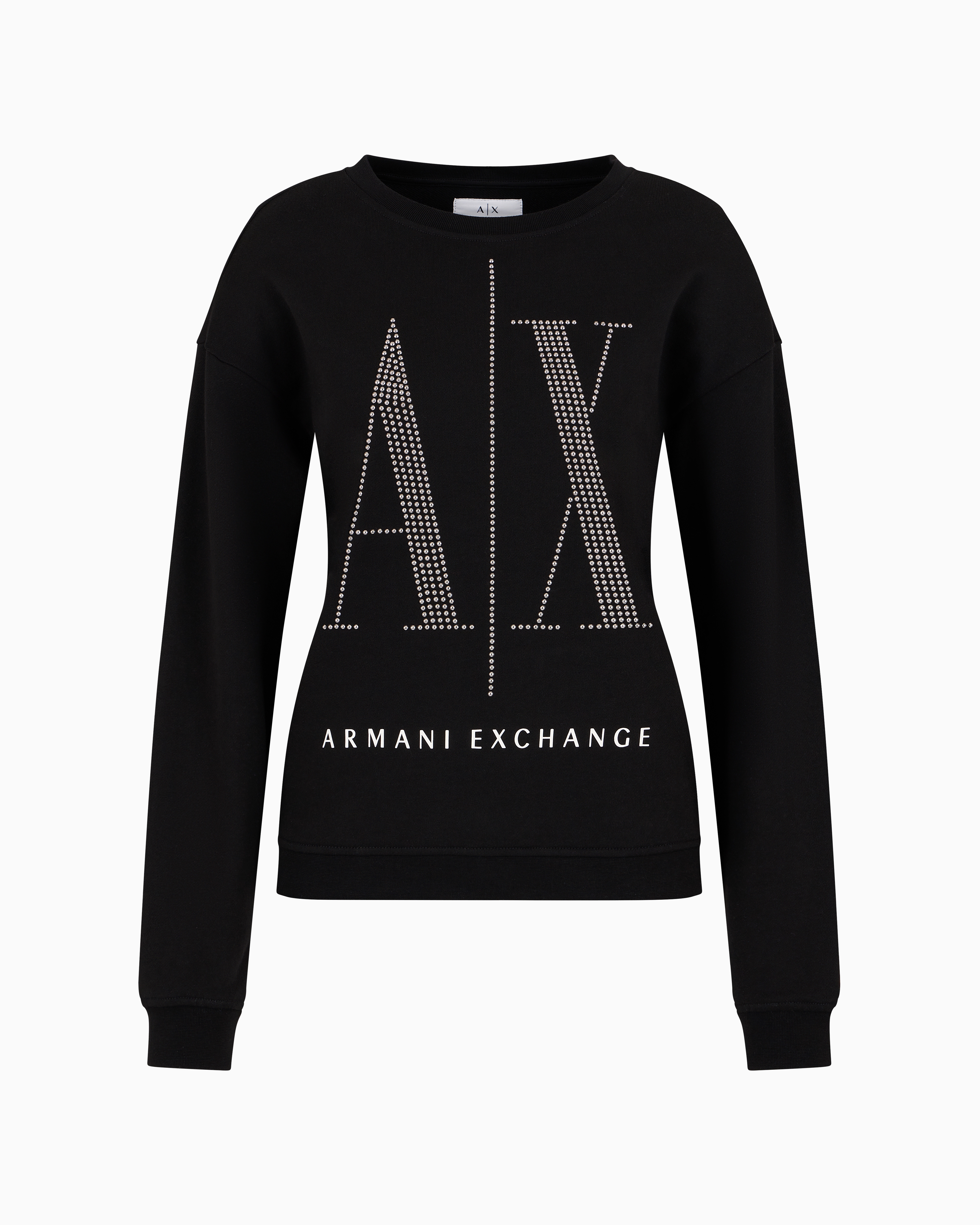 Shop Armani Exchange Icon Project French Terry Sweatshirt With Rhinestone Logo In Black