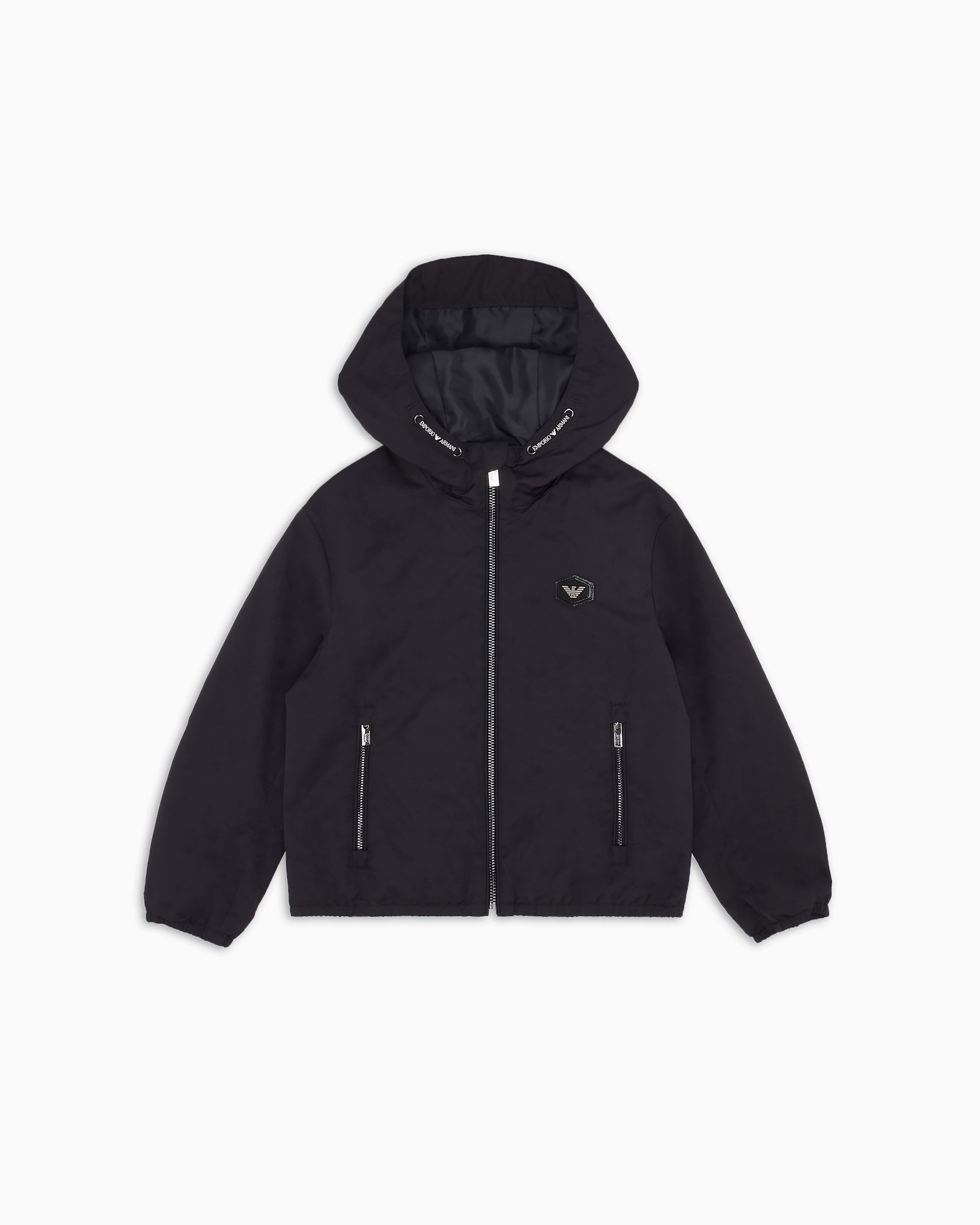 Emporio Armani Hooded, Water-repellent Nylon Jacket With Logo Patch In Navy Blue
