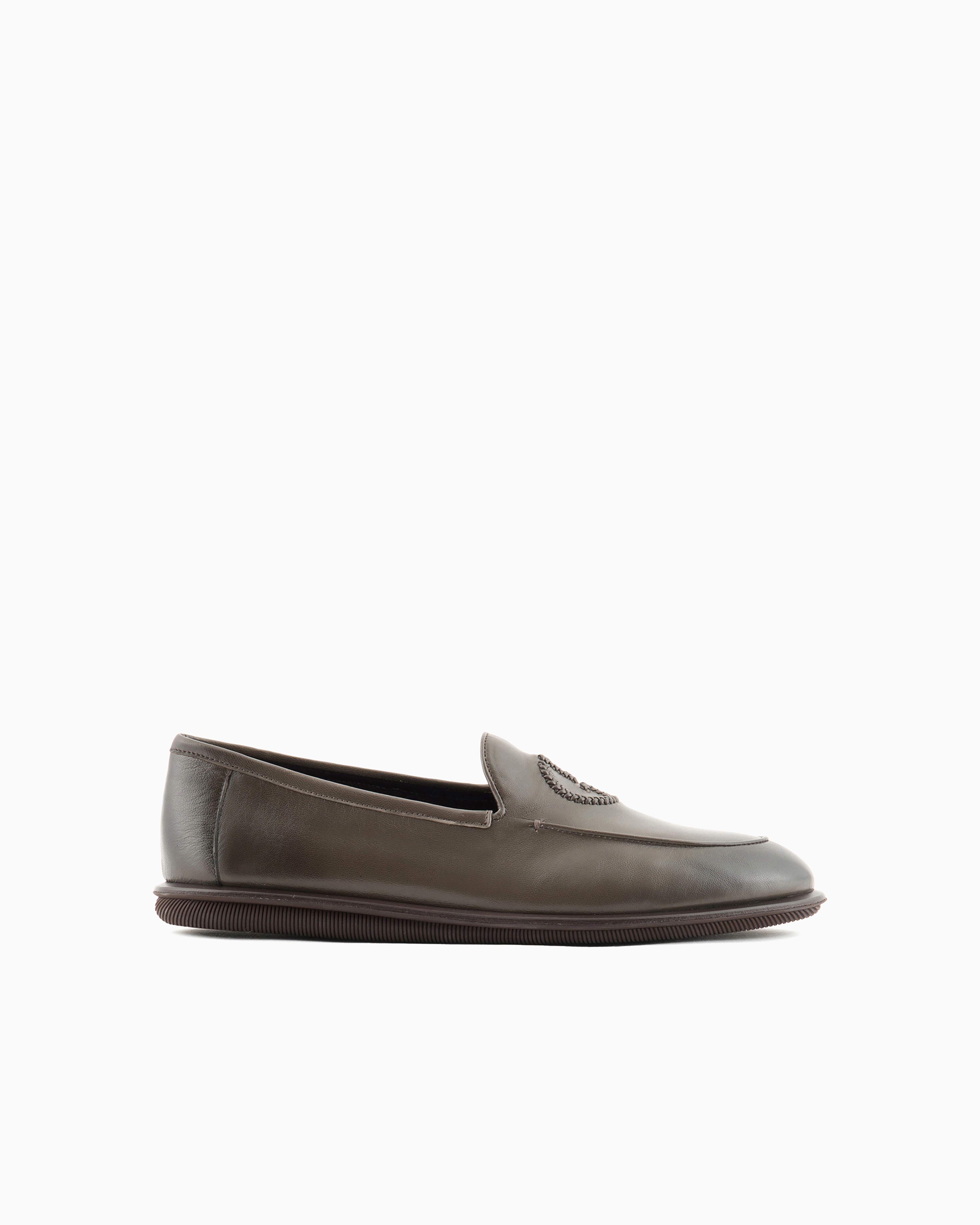 Giorgio Armani Official Store Vintage Nappa Leather Loafers With Embroidered Logo In Dove Grey