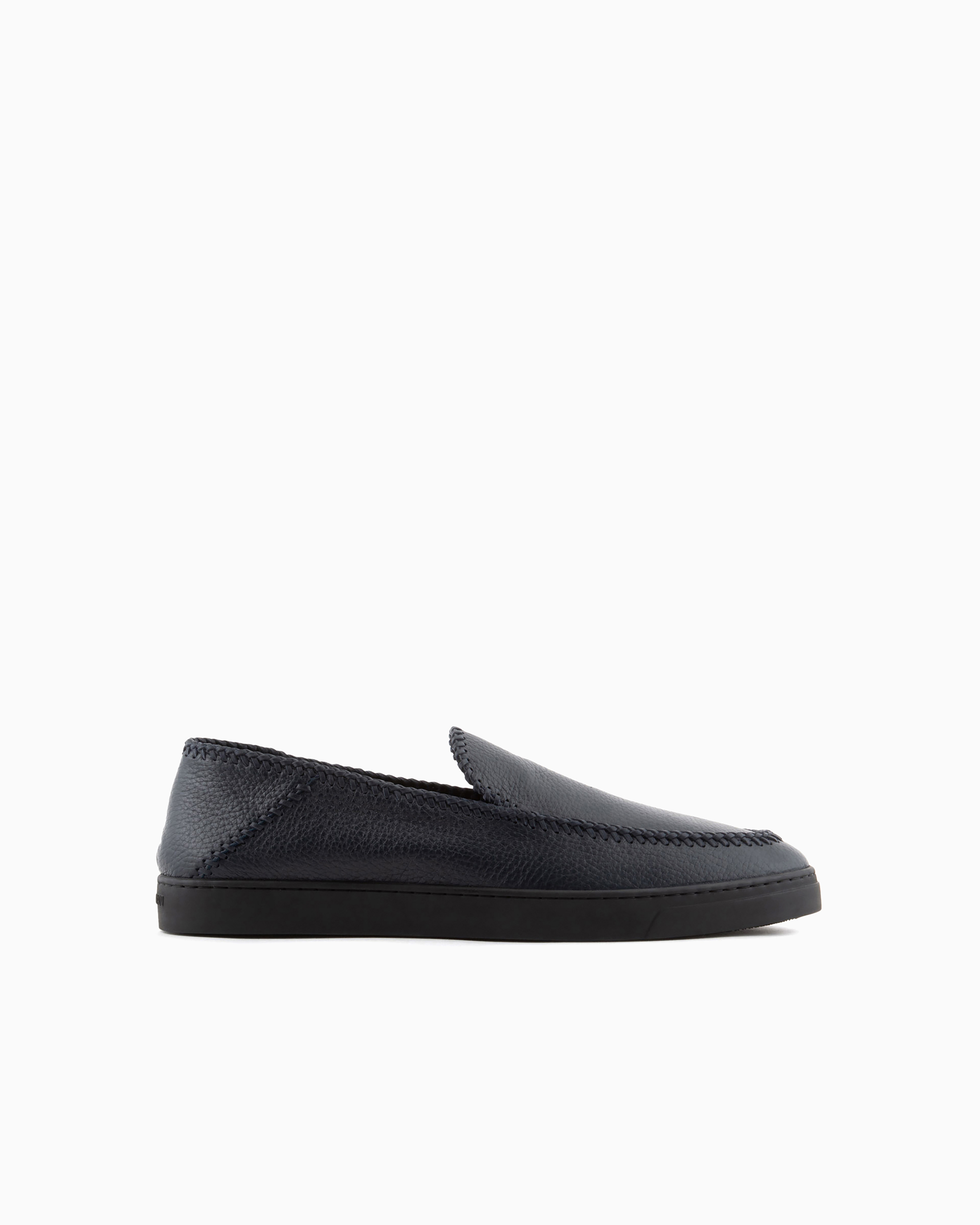Giorgio Armani Official Store Deerskin Slip-ons With Threading In Navy Blue