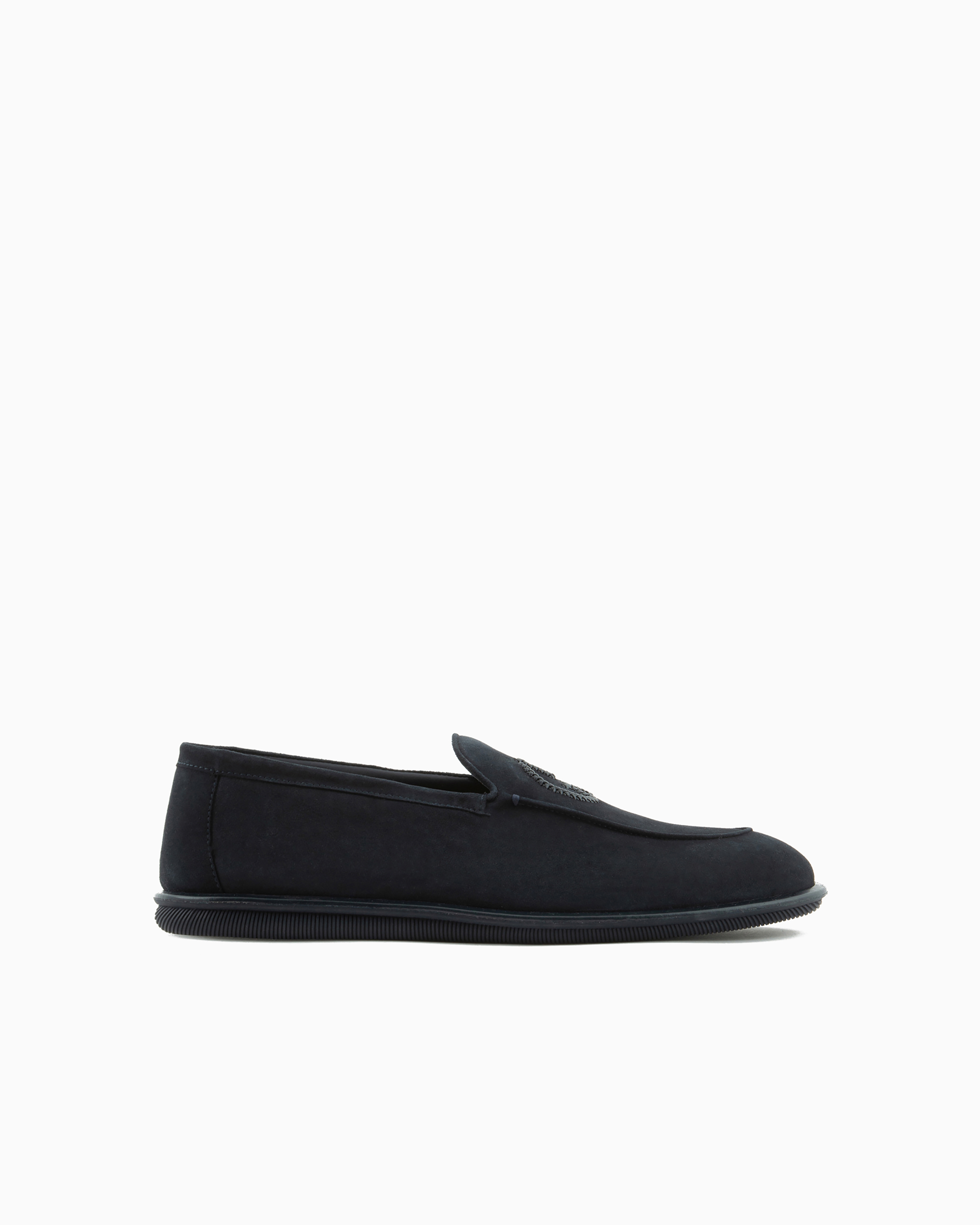 Giorgio Armani Official Store Suede Loafers With Embroidered Logo In Navy Blue