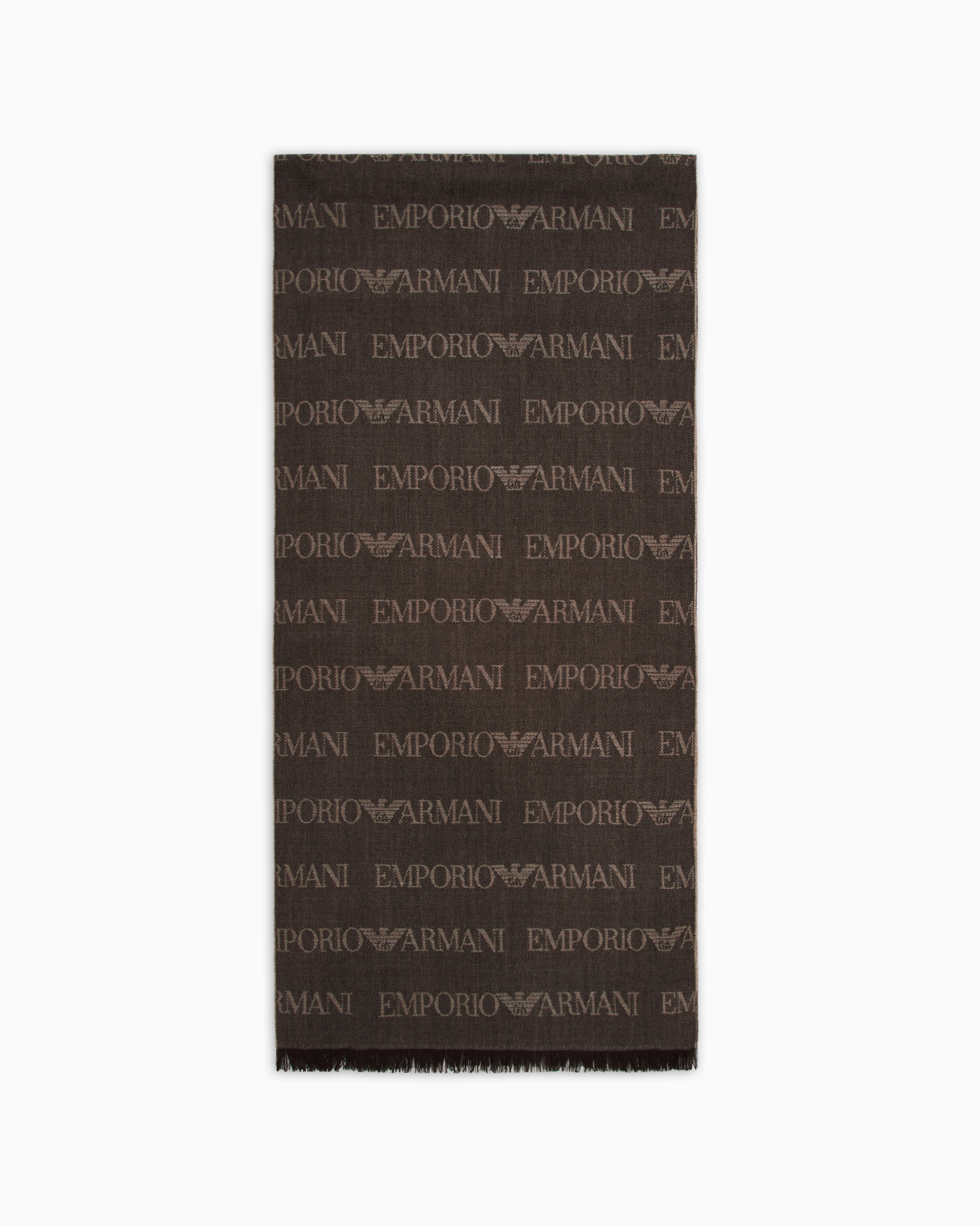 Emporio Armani Virgin-wool Blend Scarf With Jacquard Logo Lettering And Fringes In Brown