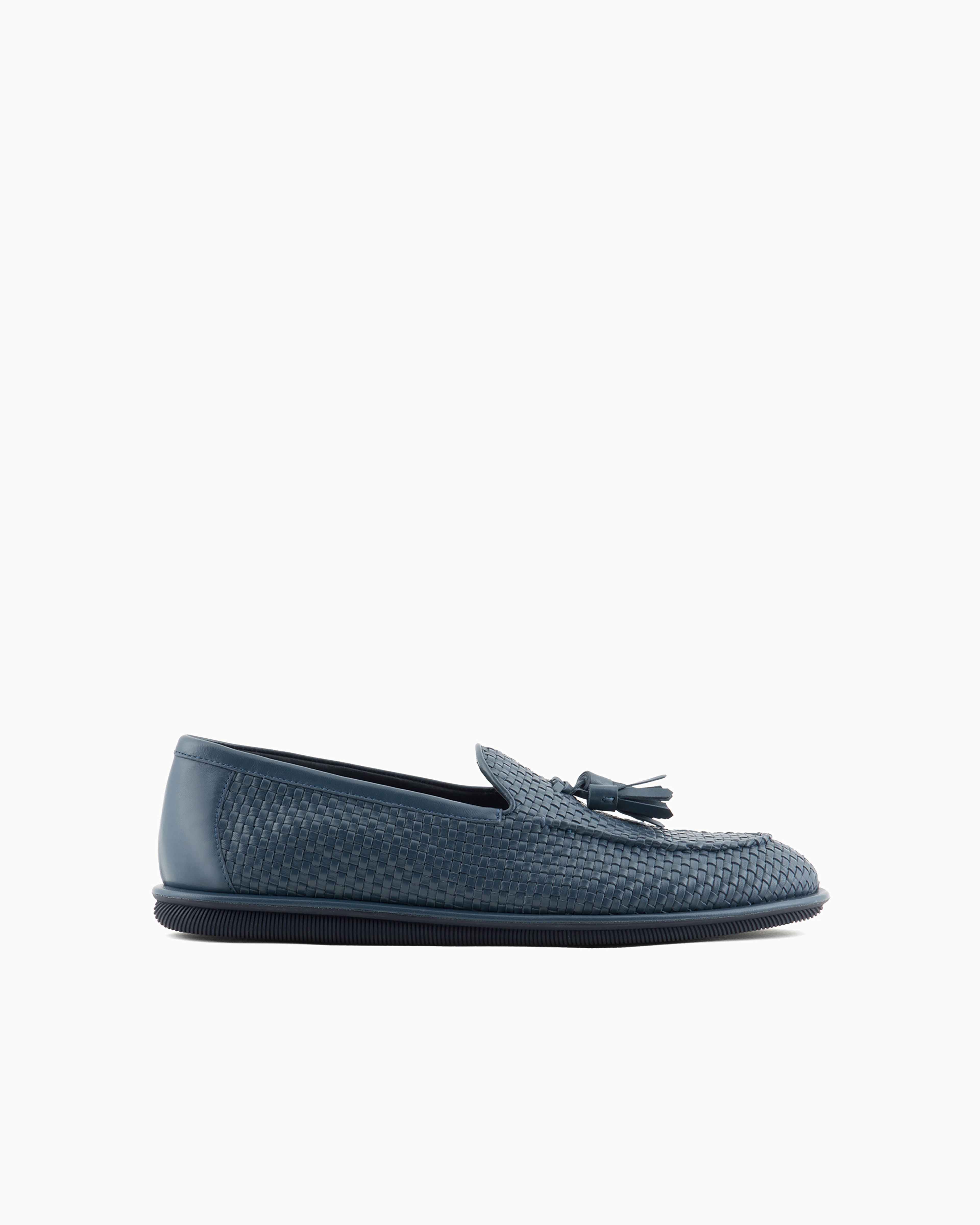 Giorgio Armani Leather Woven Loafers In Navy Blue