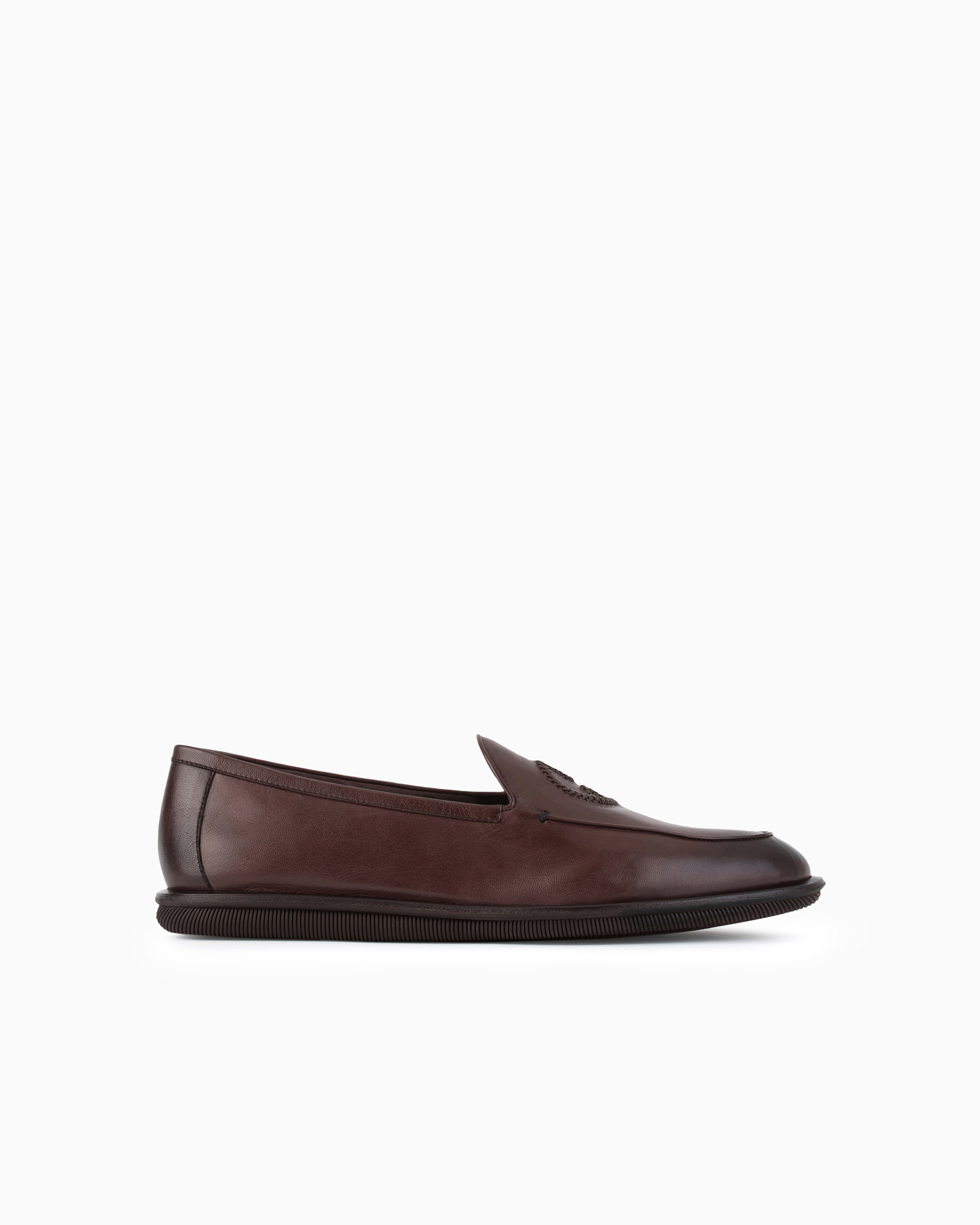 Giorgio Armani Official Store Antique-leather Loafers With Embroidered Logo In Dark Brown