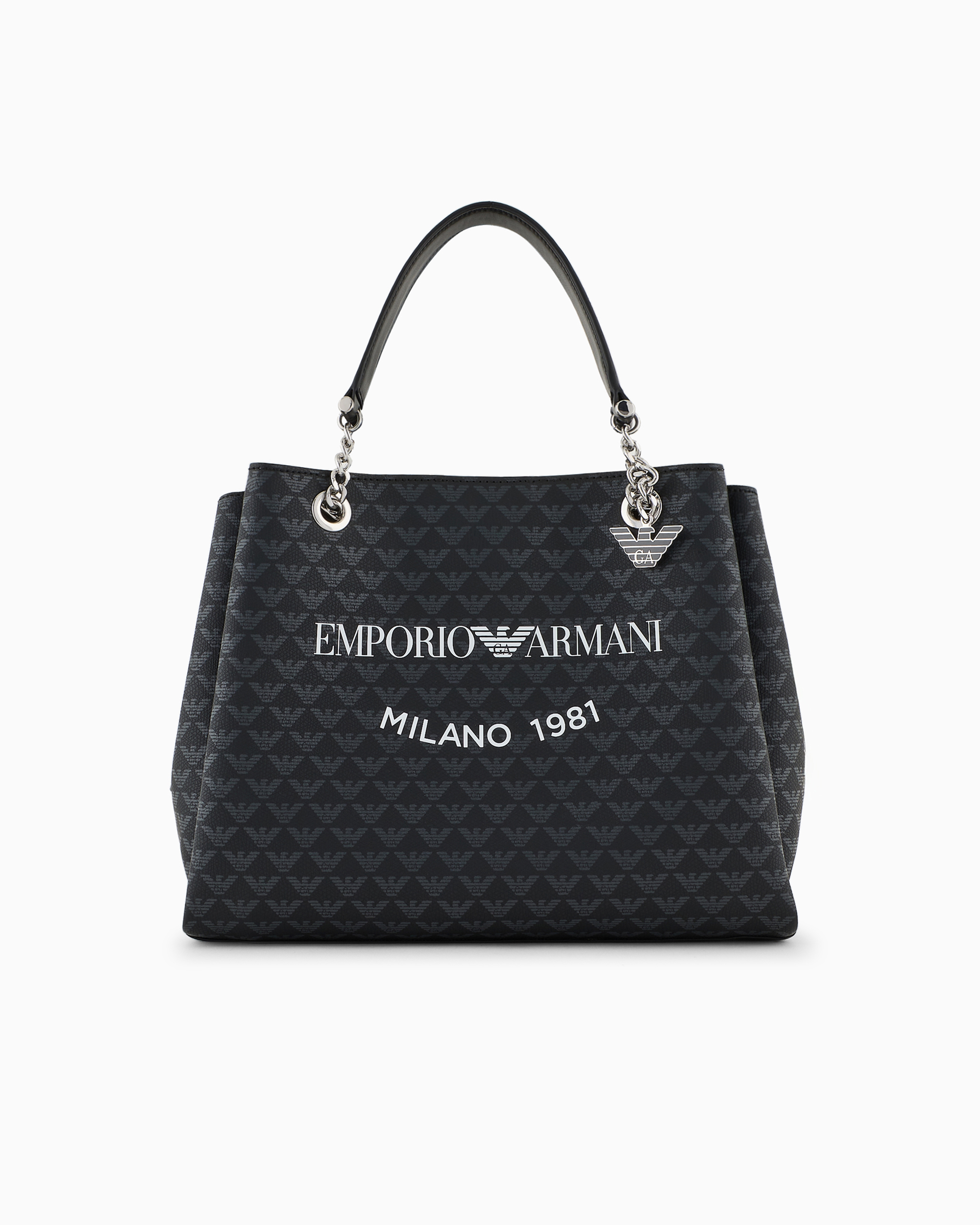 Emporio Armani All-over Eagle Handbag With Milano 1981 Logo Print In Bianco E Nero