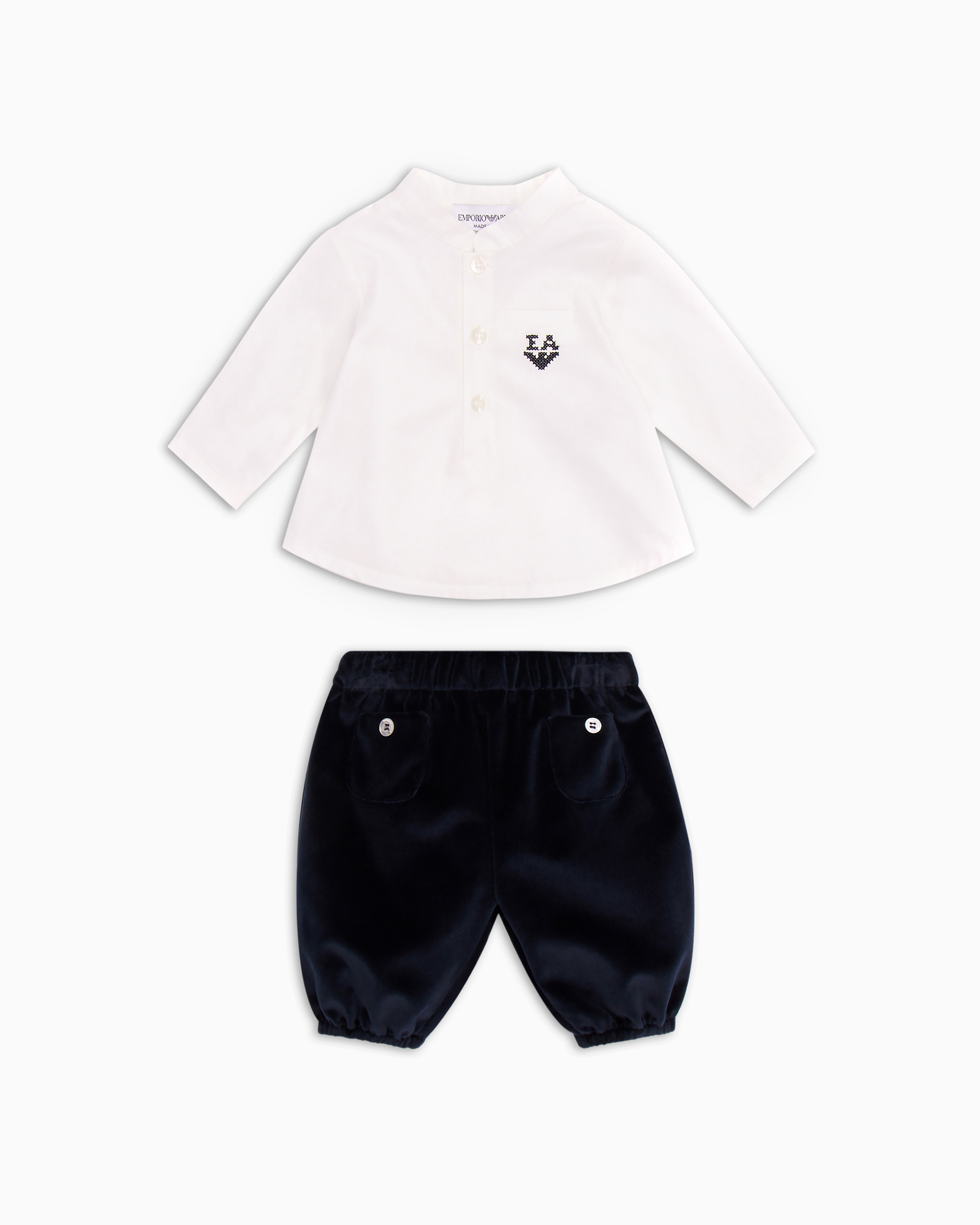 Emporio Armani Kids' Official Store Gift Set With Guru-collar Jumper And Velvet Trousers In Navy Blue