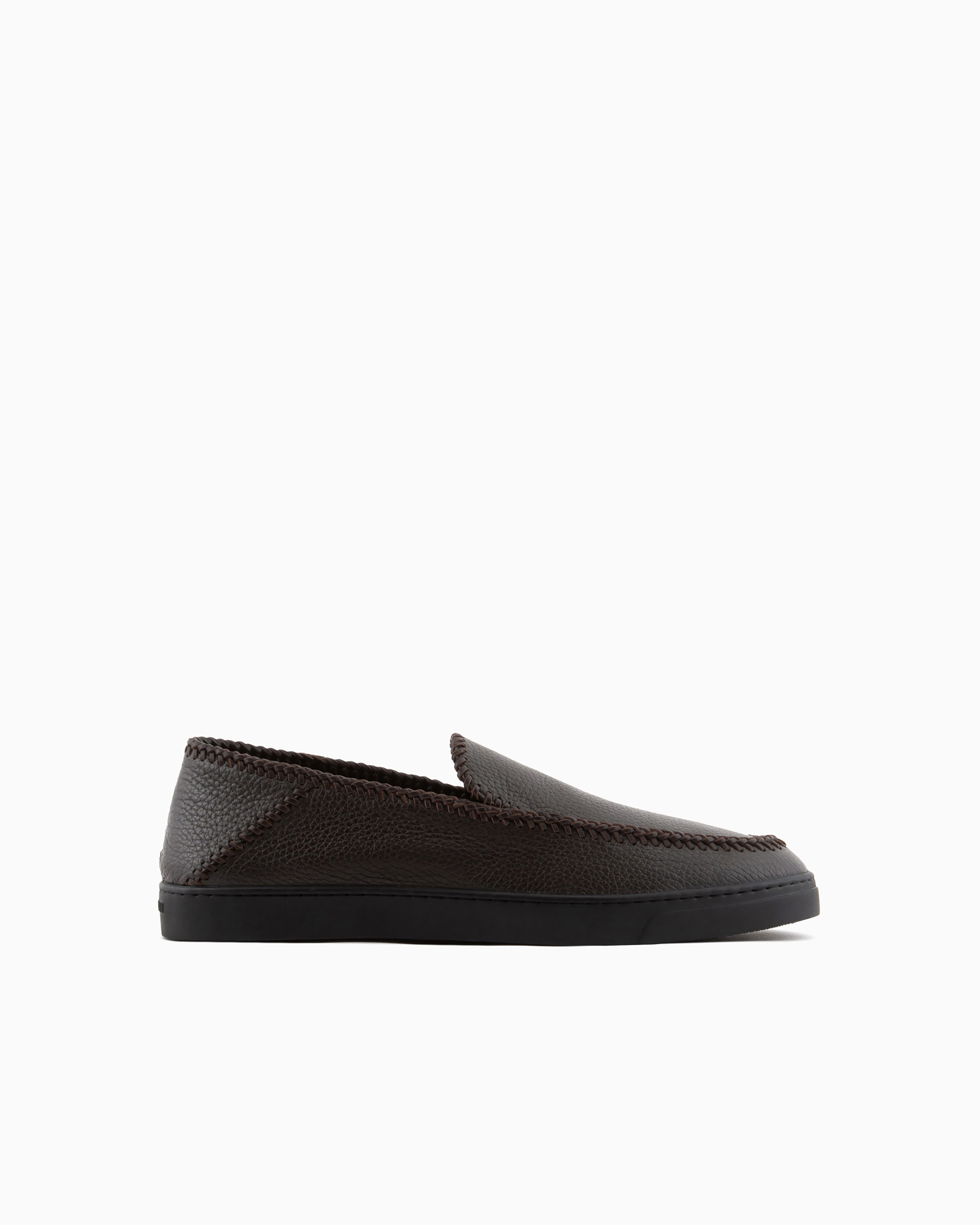Giorgio Armani Official Store Deerskin Slip-ons With Threading In Brown