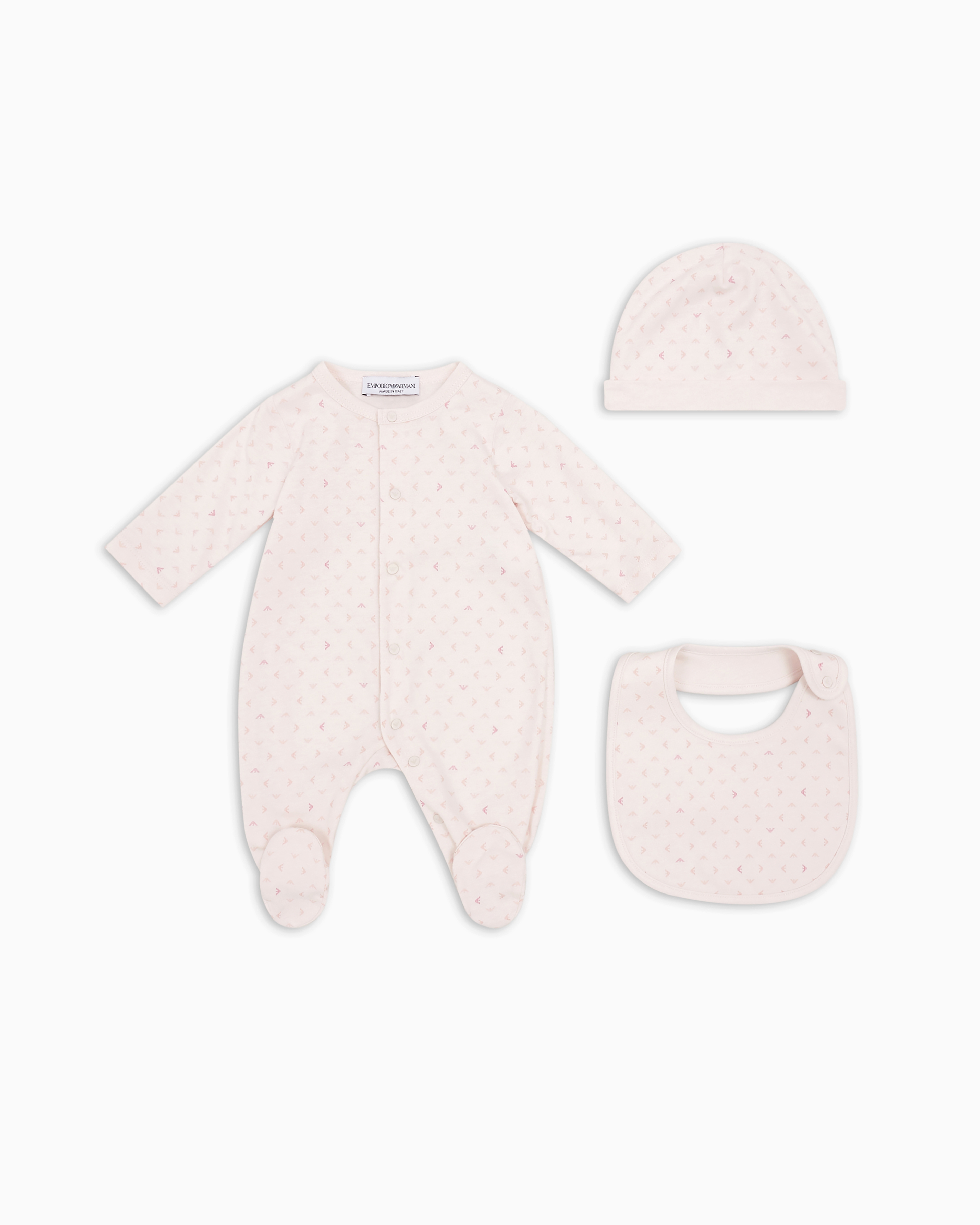 Shop Emporio Armani Gift Set Of An All-over Op-art Eagle Onesie, Bib And Beanie In Pink