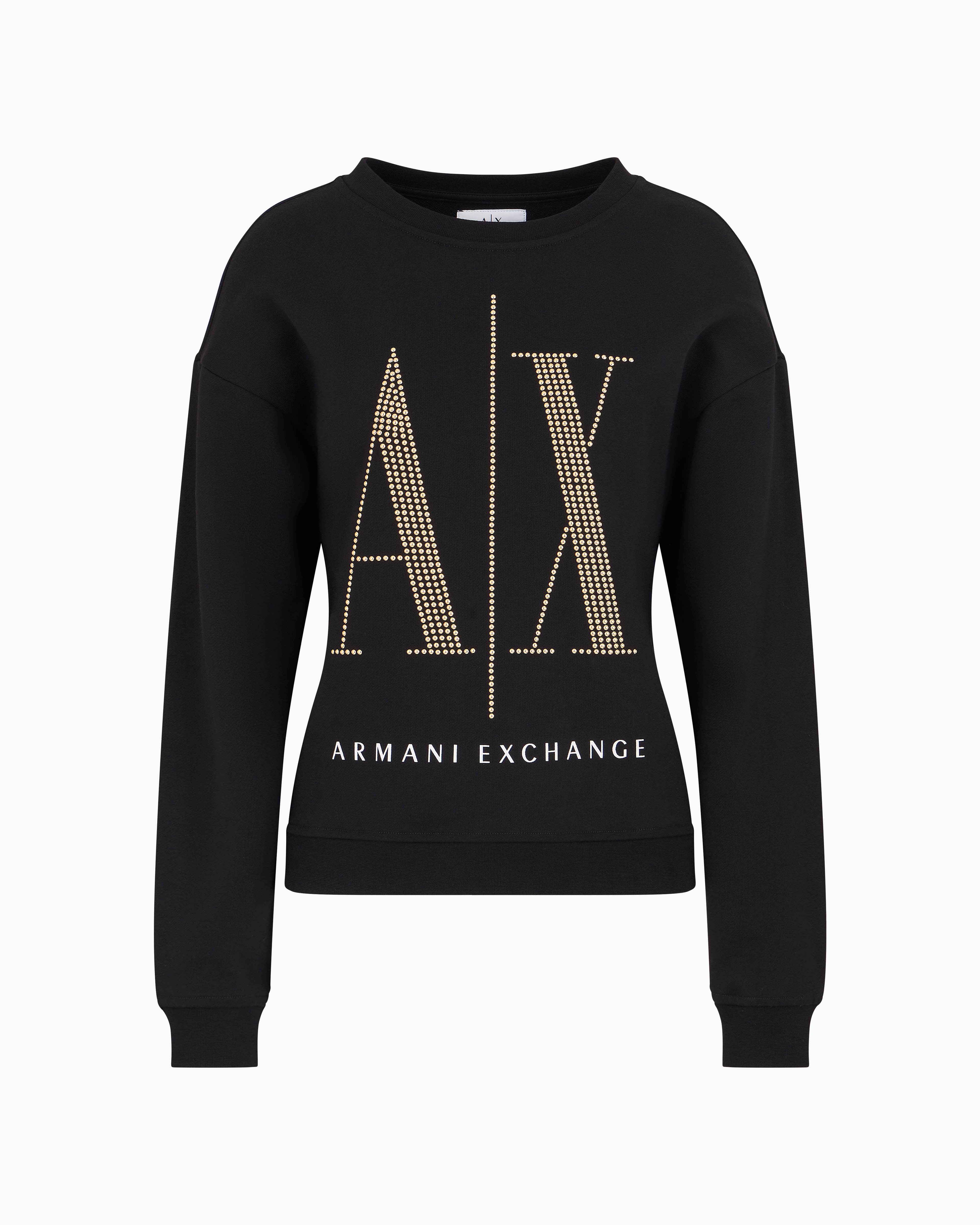 Shop Armani Exchange Icon Project French Terry Sweatshirt With Rhinestone Logo In Black