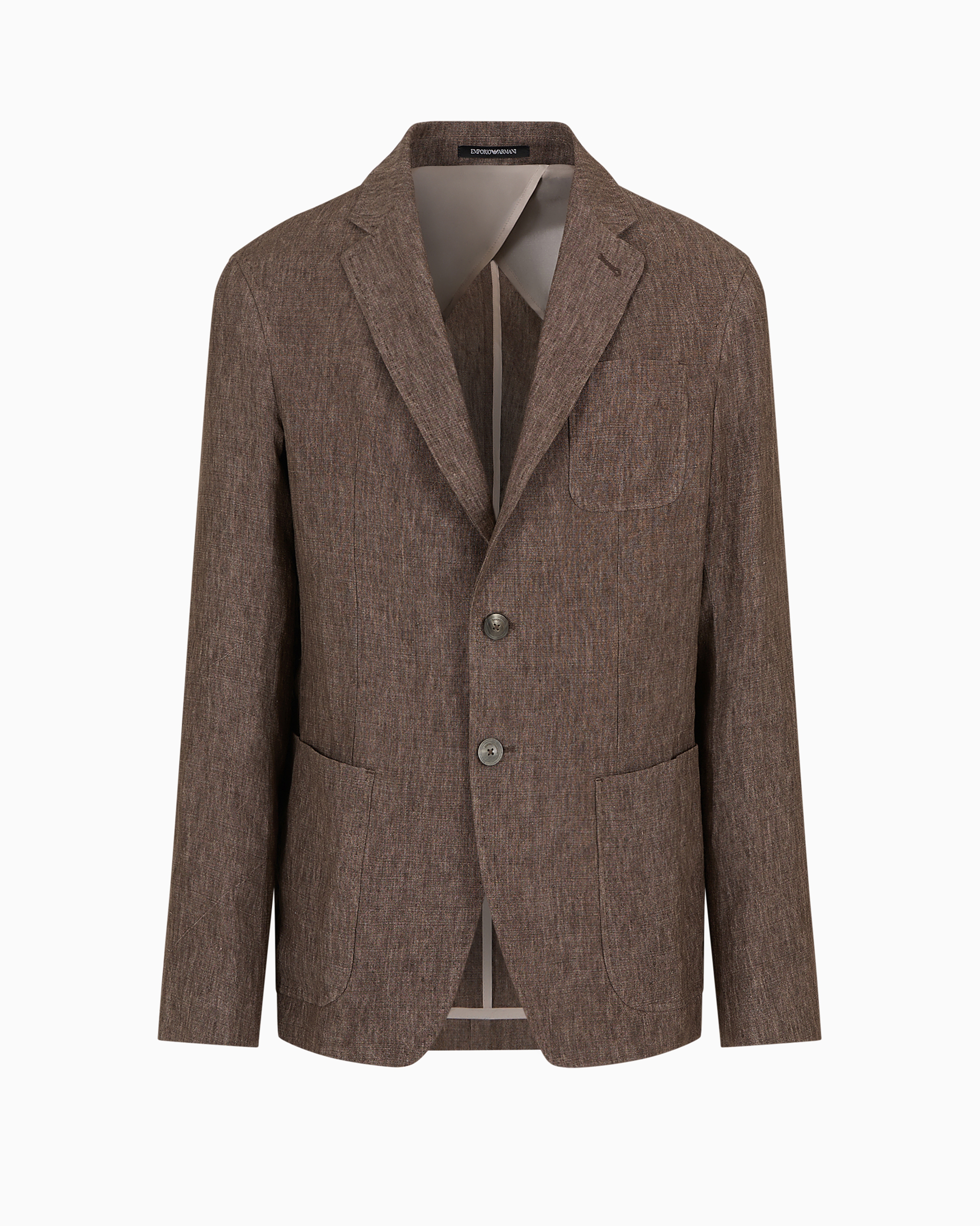 Emporio Armani Single-breasted Jacket In Faded Linen With A Crêpe Texture In Marron