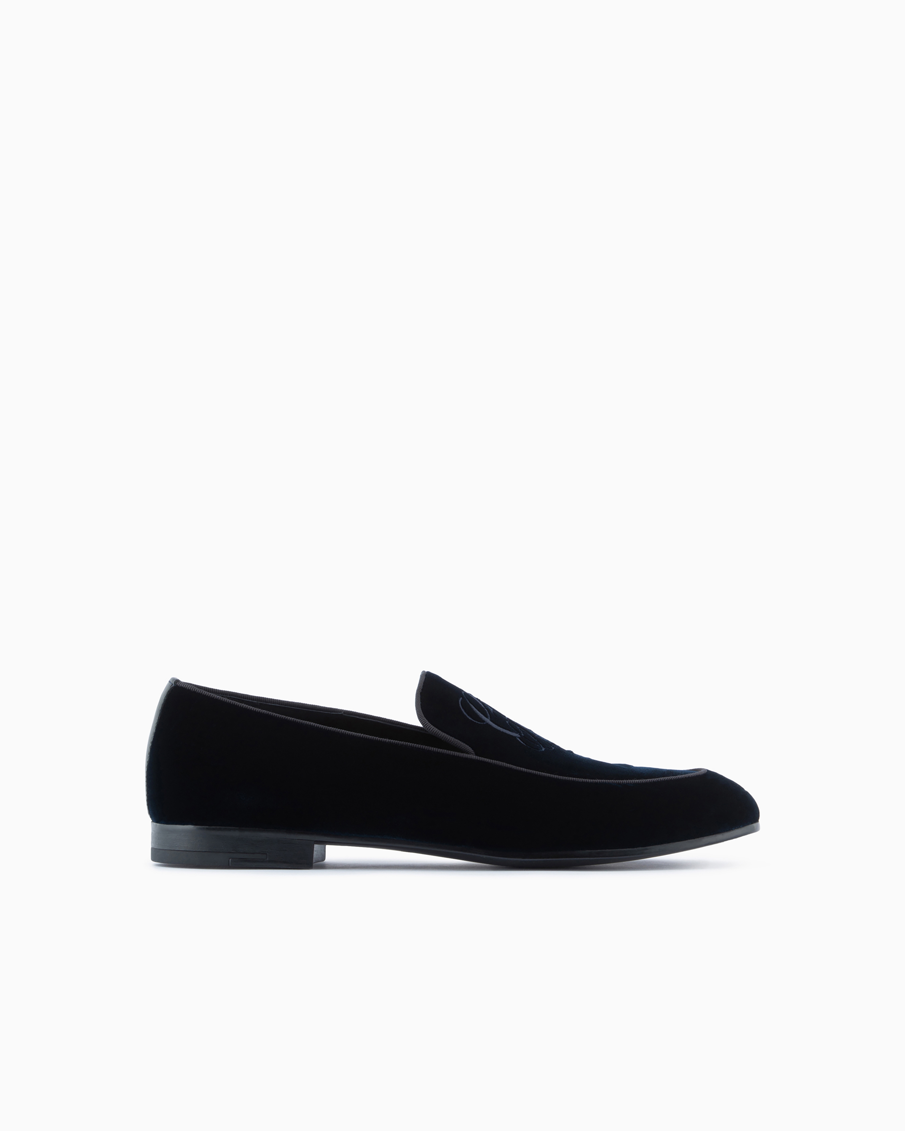 Giorgio Armani Official Store Velvet Loafers With Embroidered Logo In Navy Blue