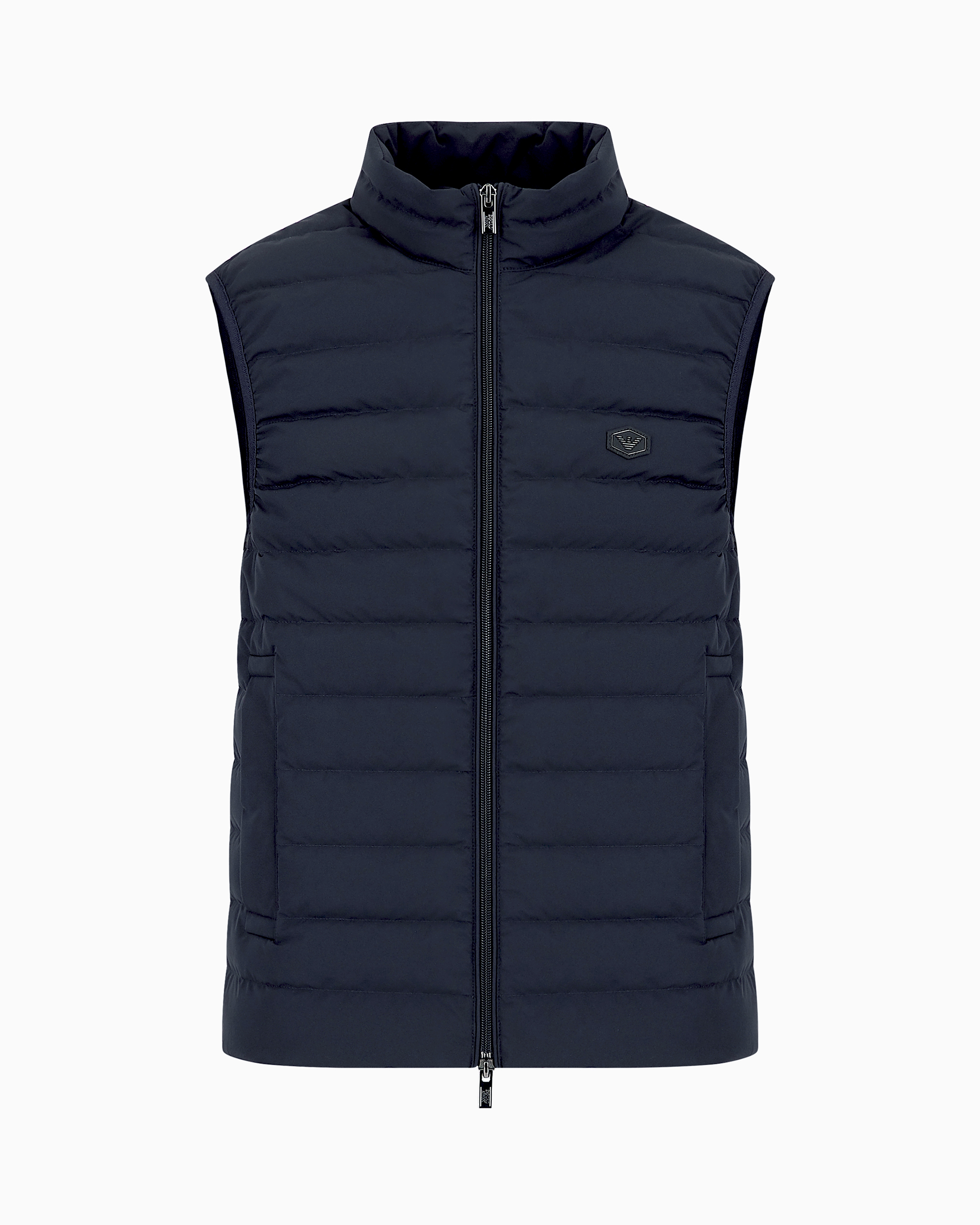 Shop Emporio Armani Sleeveless Full-zip Down Jacket In Quilted Nylon With Eagle Logo Patch In Navy Blue