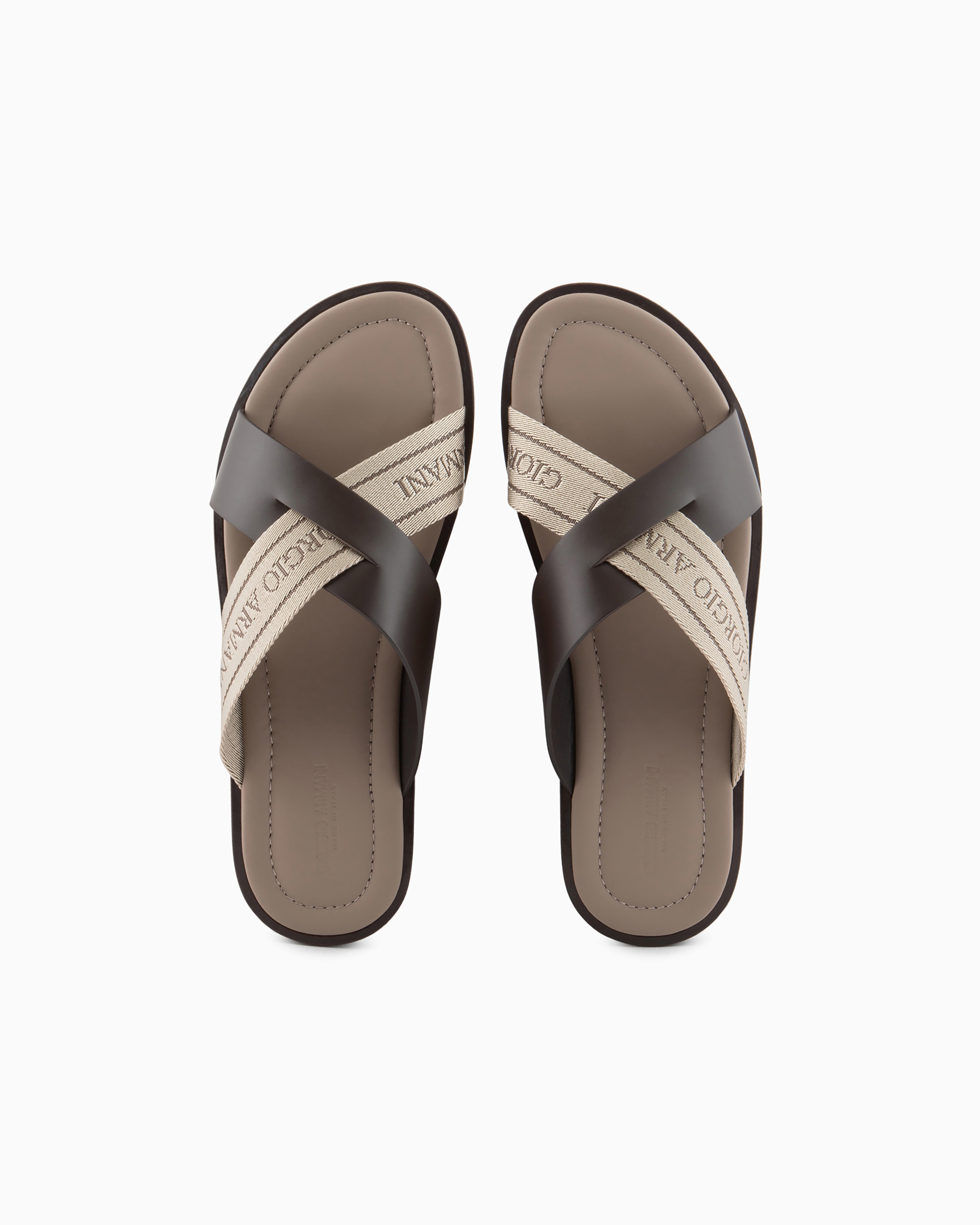 Giorgio Armani Official Store Leather Sandals With Two-toned Tape In Brown