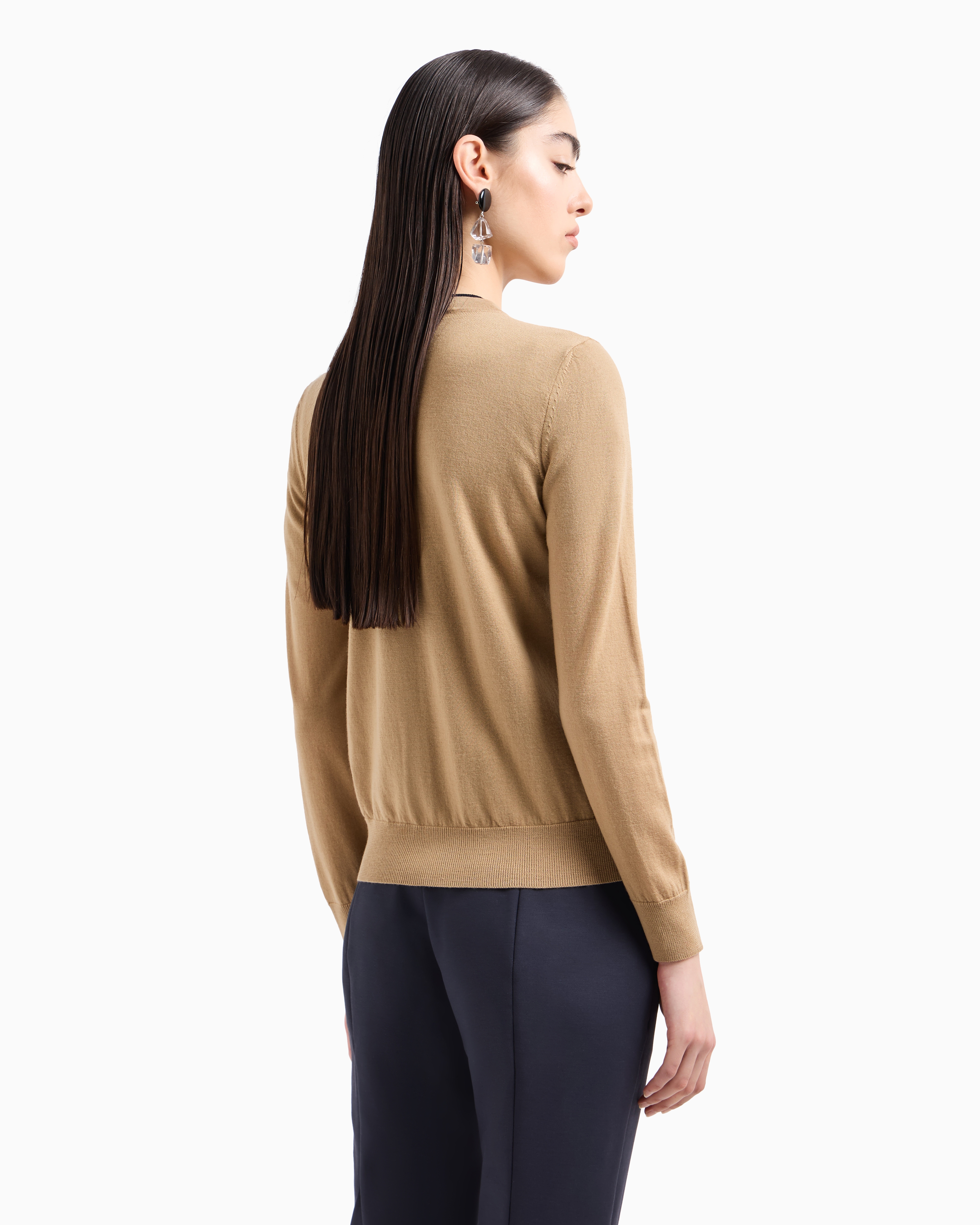 Shop Emporio Armani Cardigan In Plain-knit, Pure Virgin Wool In Camel