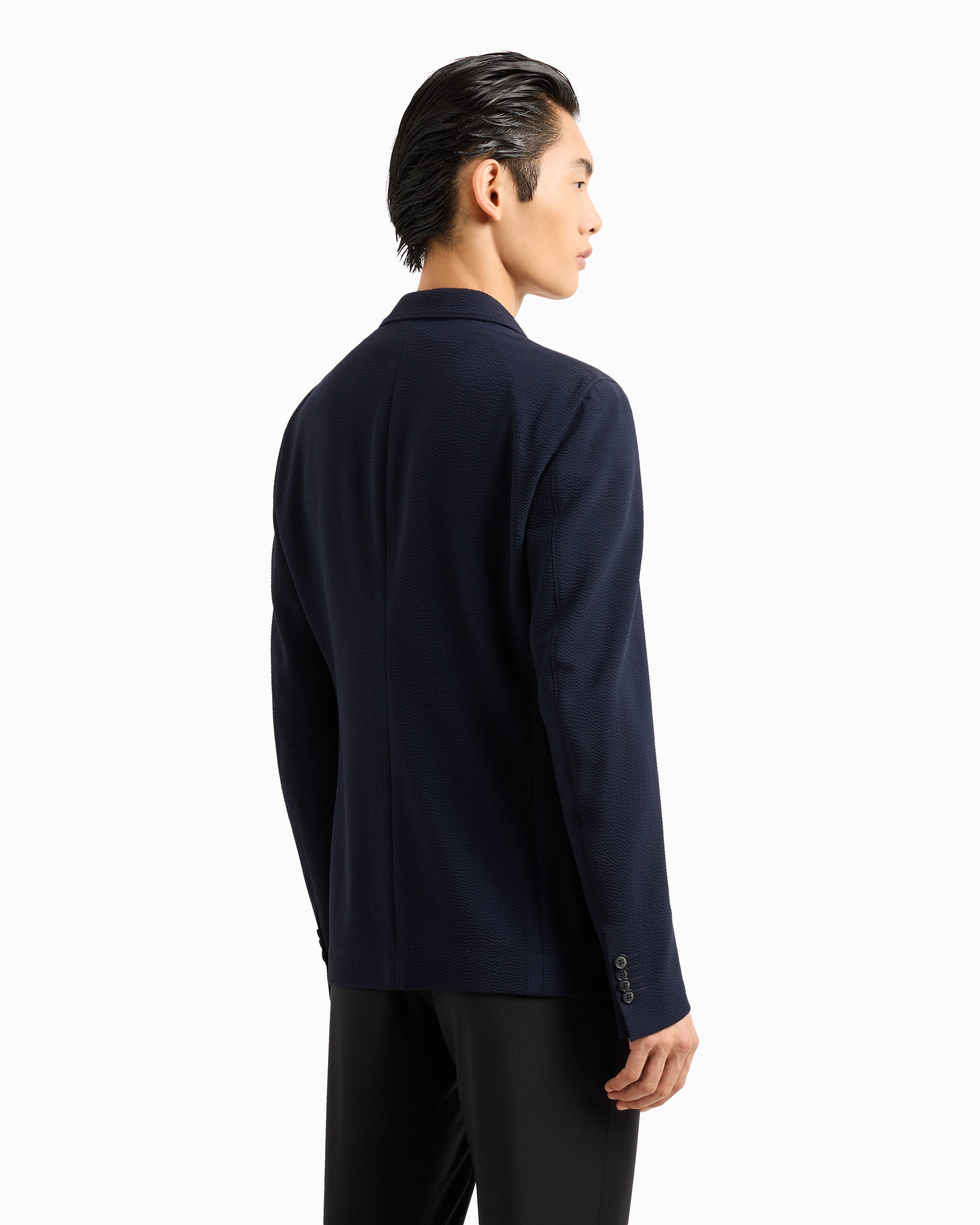 Giorgio Armani Upton Line Single-breasted Jacket In Seersucker Virgin Wool In Blue