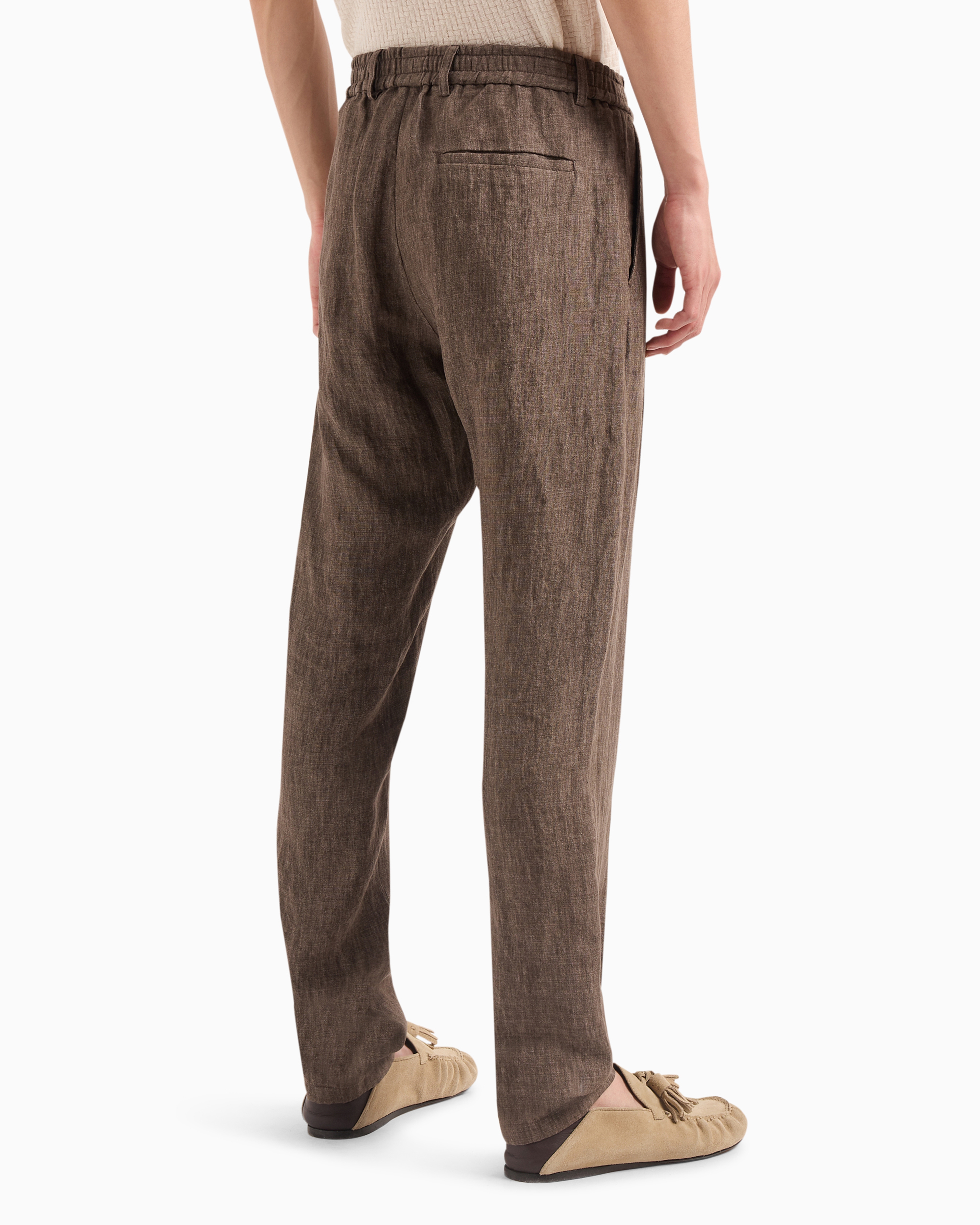 Shop Emporio Armani Crêpe-effect Faded Linen Trousers With Ribbing In Brown