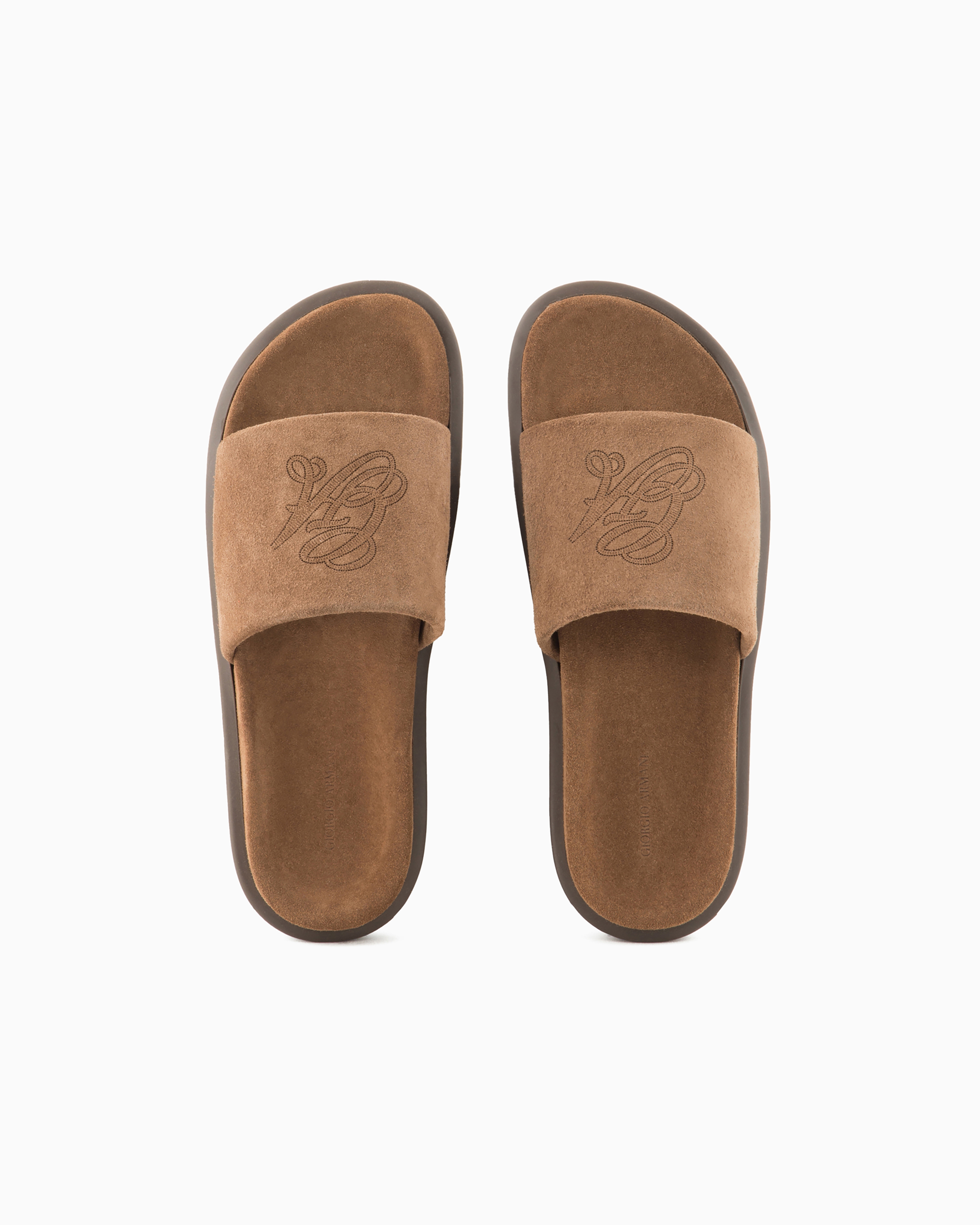 Giorgio Armani Official Store Suede Sandals With Logo In Tobacco