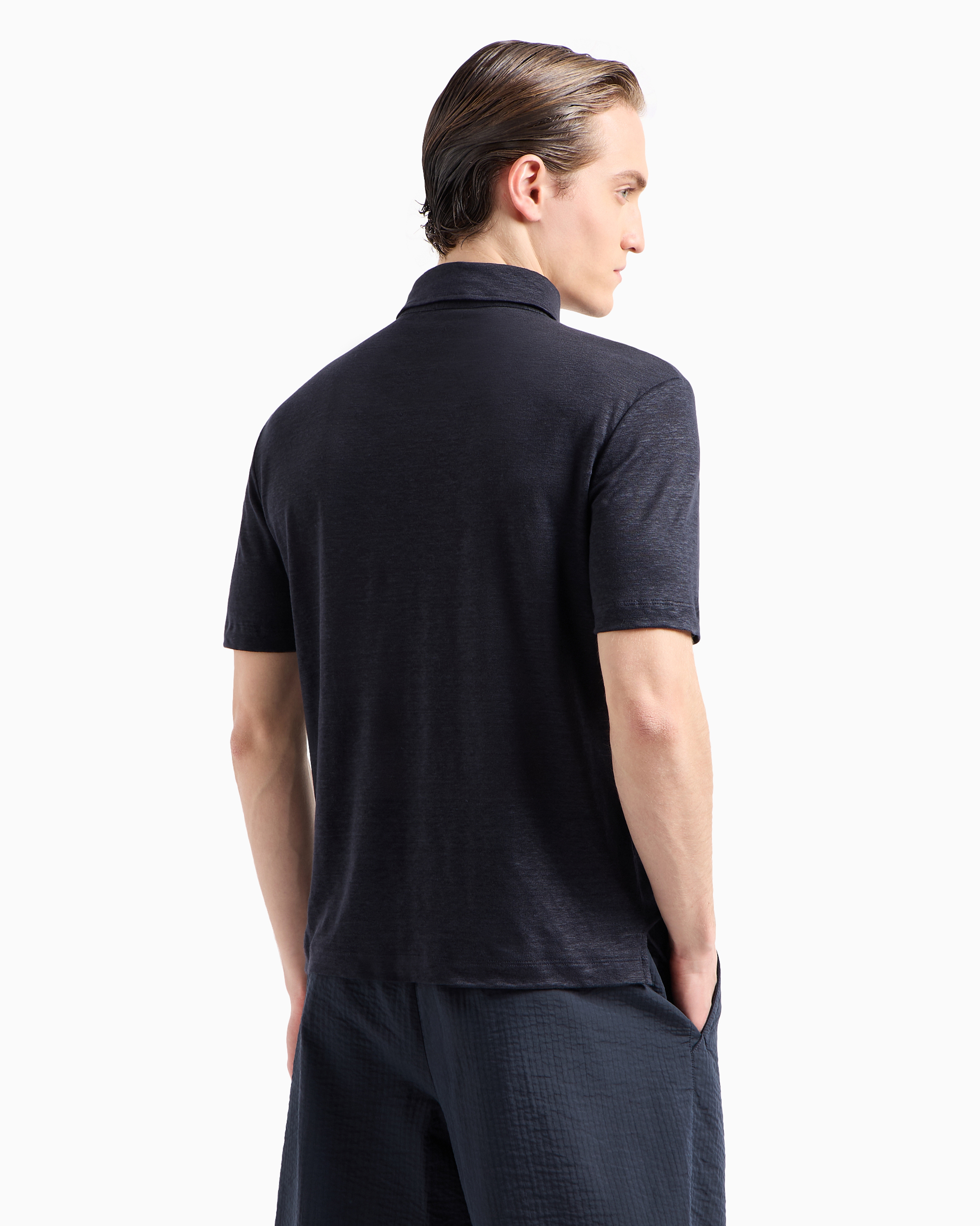 Giorgio Armani Official Store Short-sleeved Polo Shirt In Pure Linen Jersey In Midnight Blue