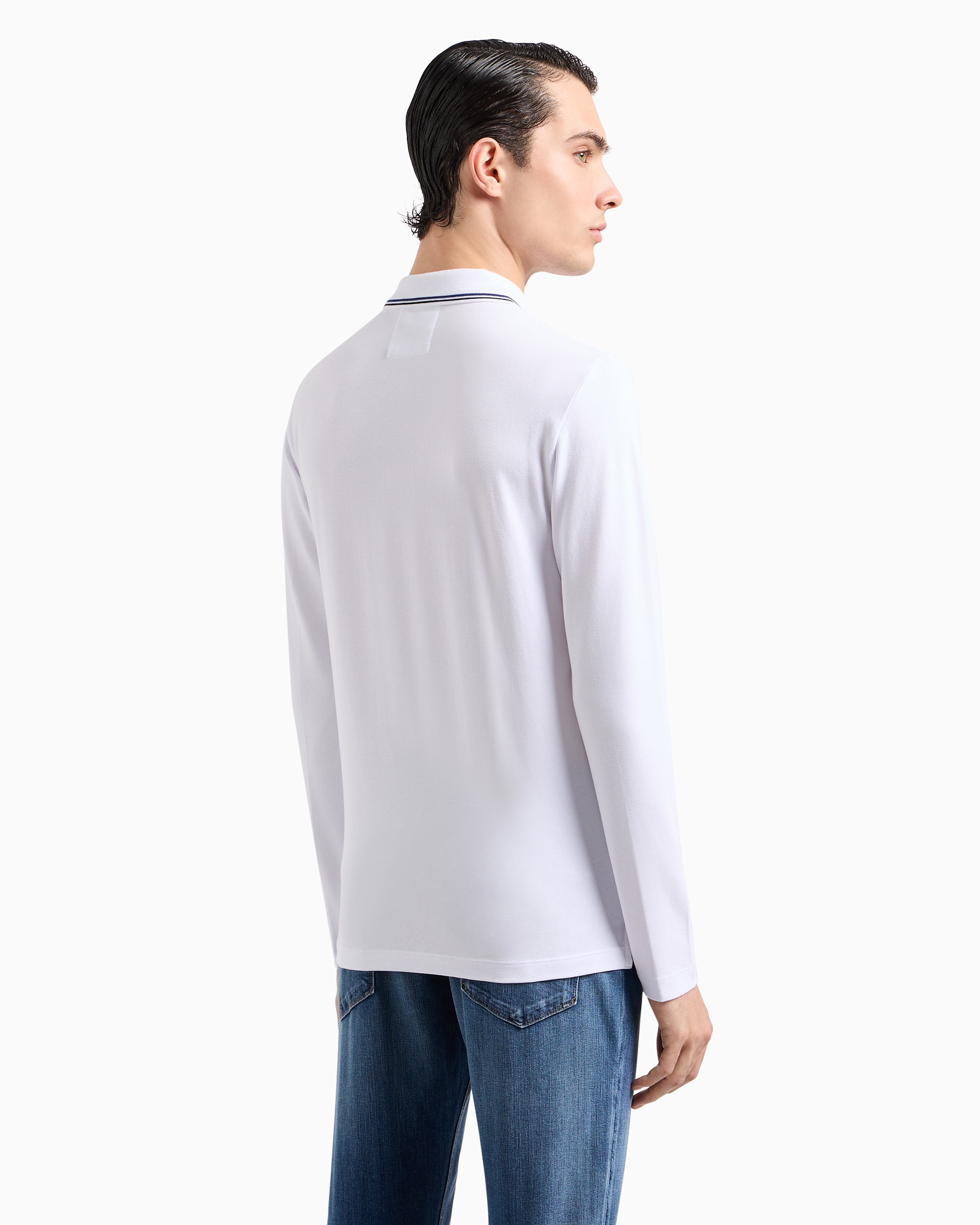 Emporio Armani White Long Sleeve Polo Shirt With Logo Embroidery In White