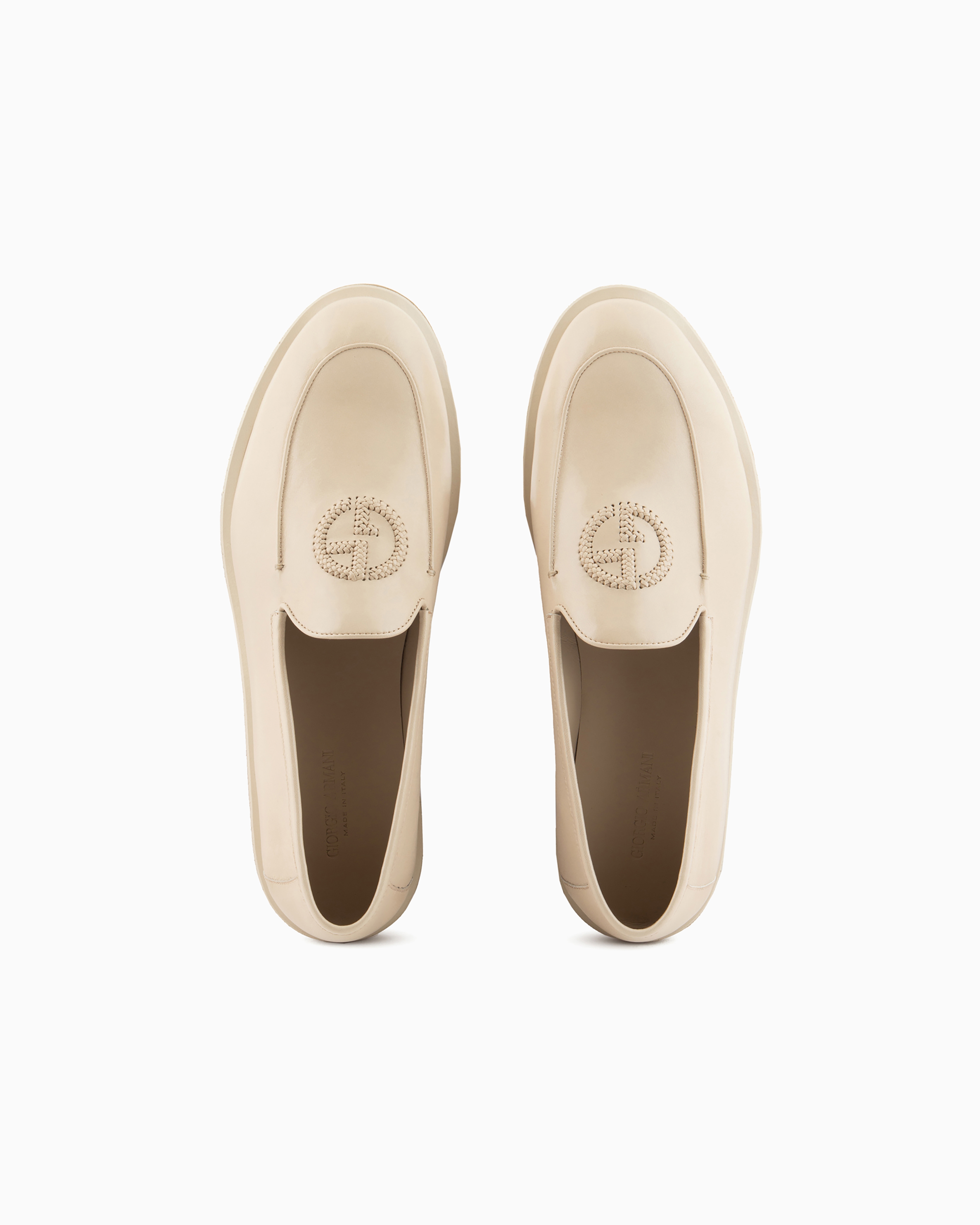 Giorgio Armani Official Store Antique-leather Loafers With Embroidered Logo In Beige