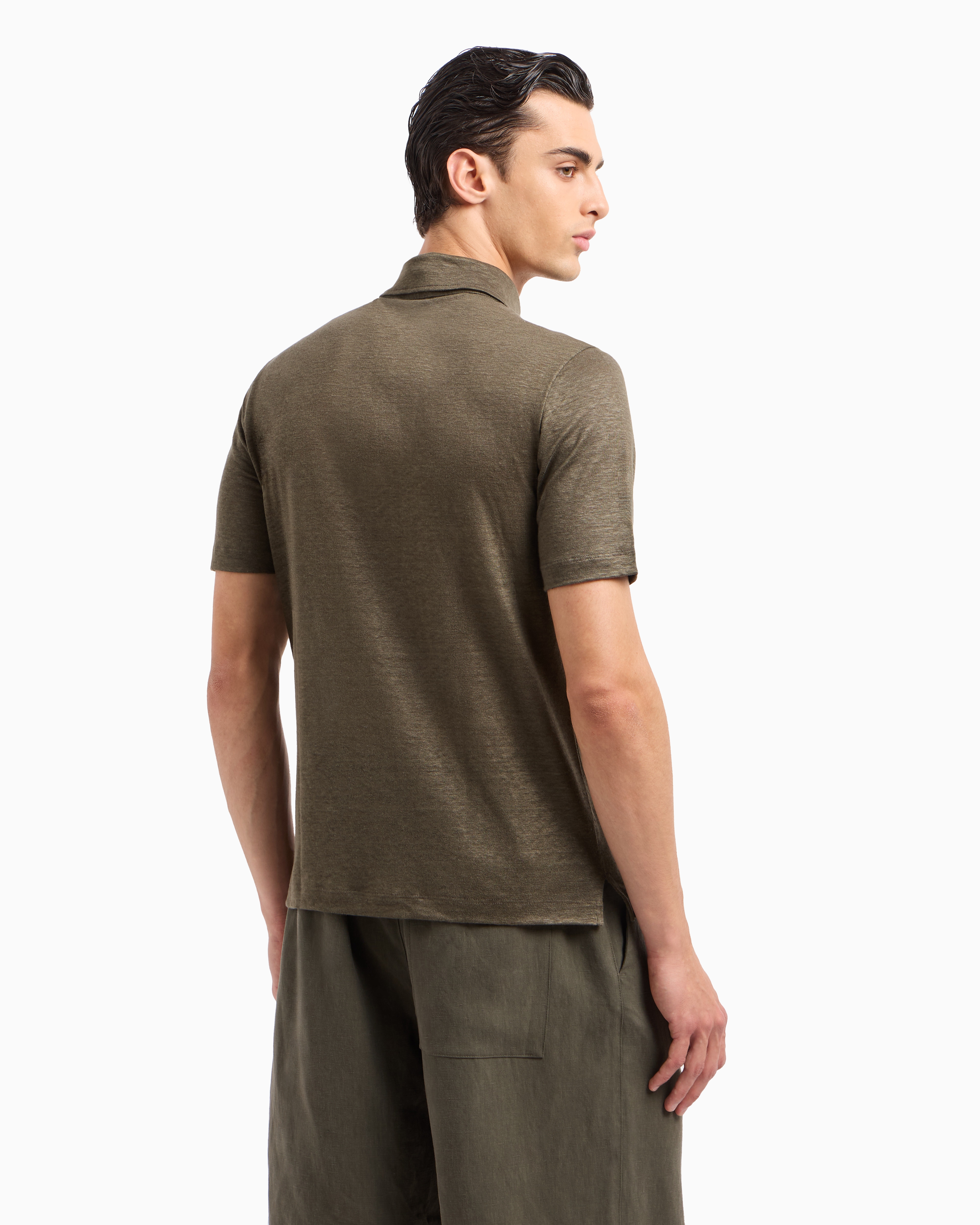 Giorgio Armani Official Store Short-sleeved Polo Shirt In Pure Linen Jersey In Military Green