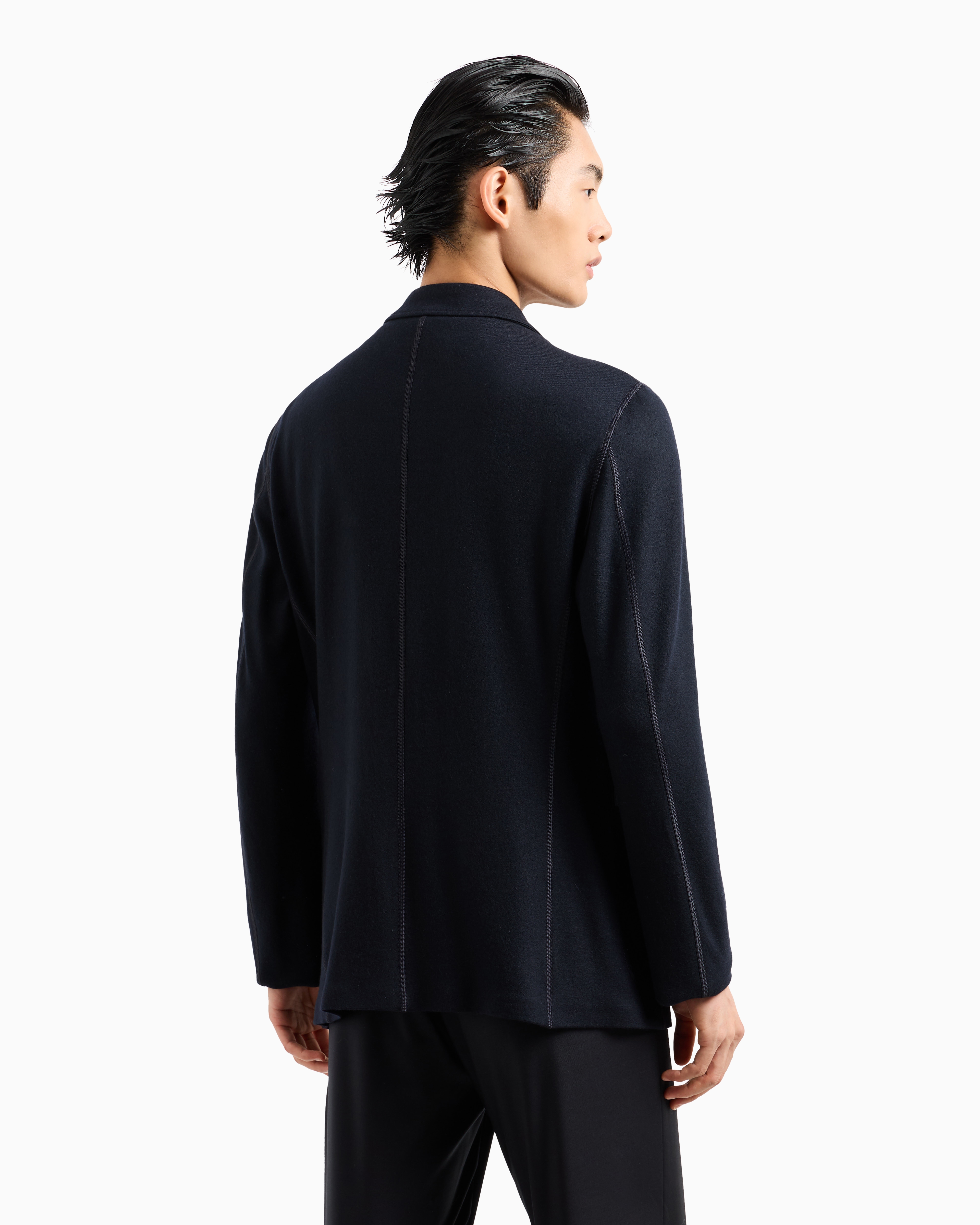 Shop Giorgio Armani Icon Double-breasted Jacket In Fulled Cashmere Interlock In Navy Blue