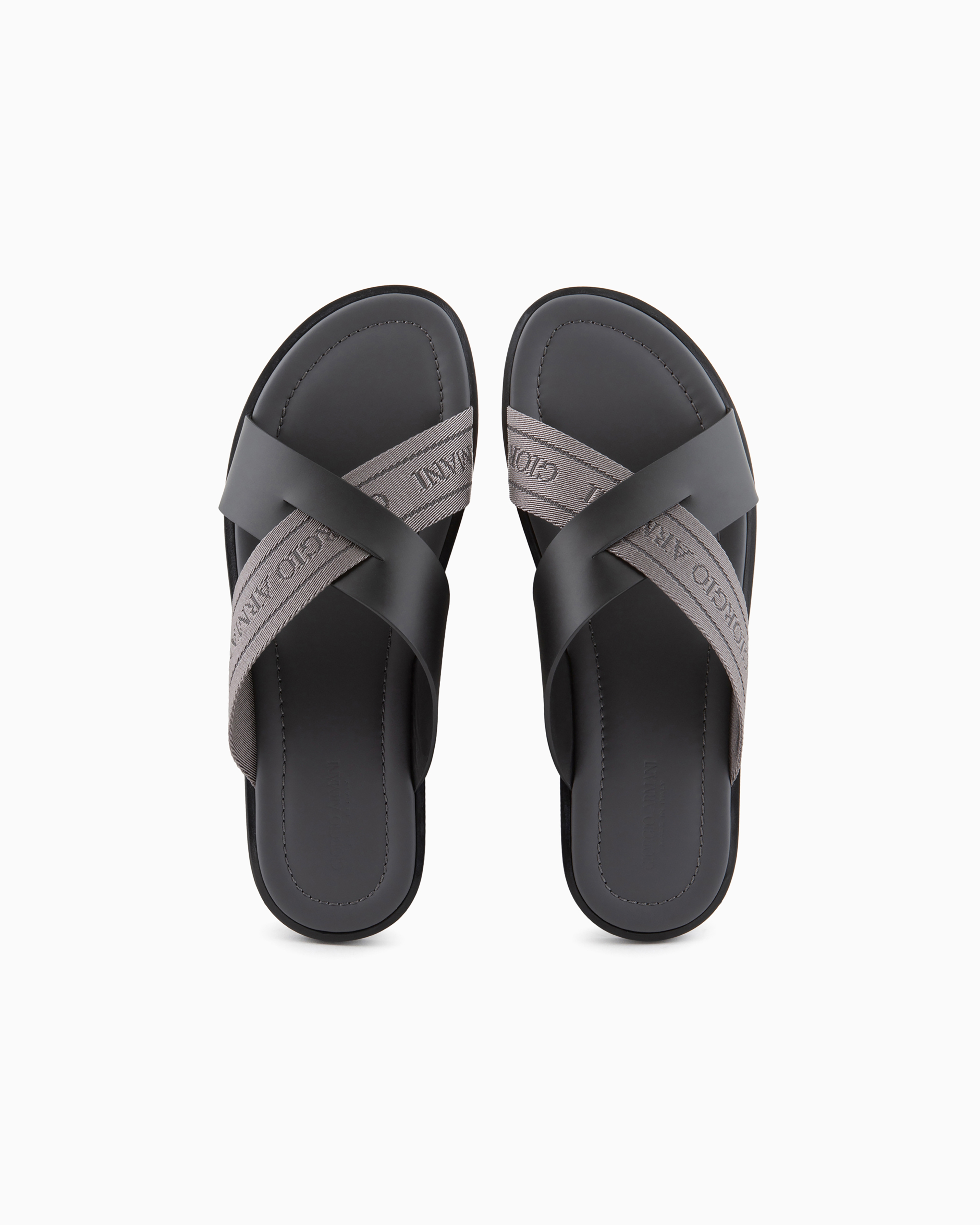 Giorgio Armani Official Store Leather Sandals With Two-toned Tape In Dark Gray