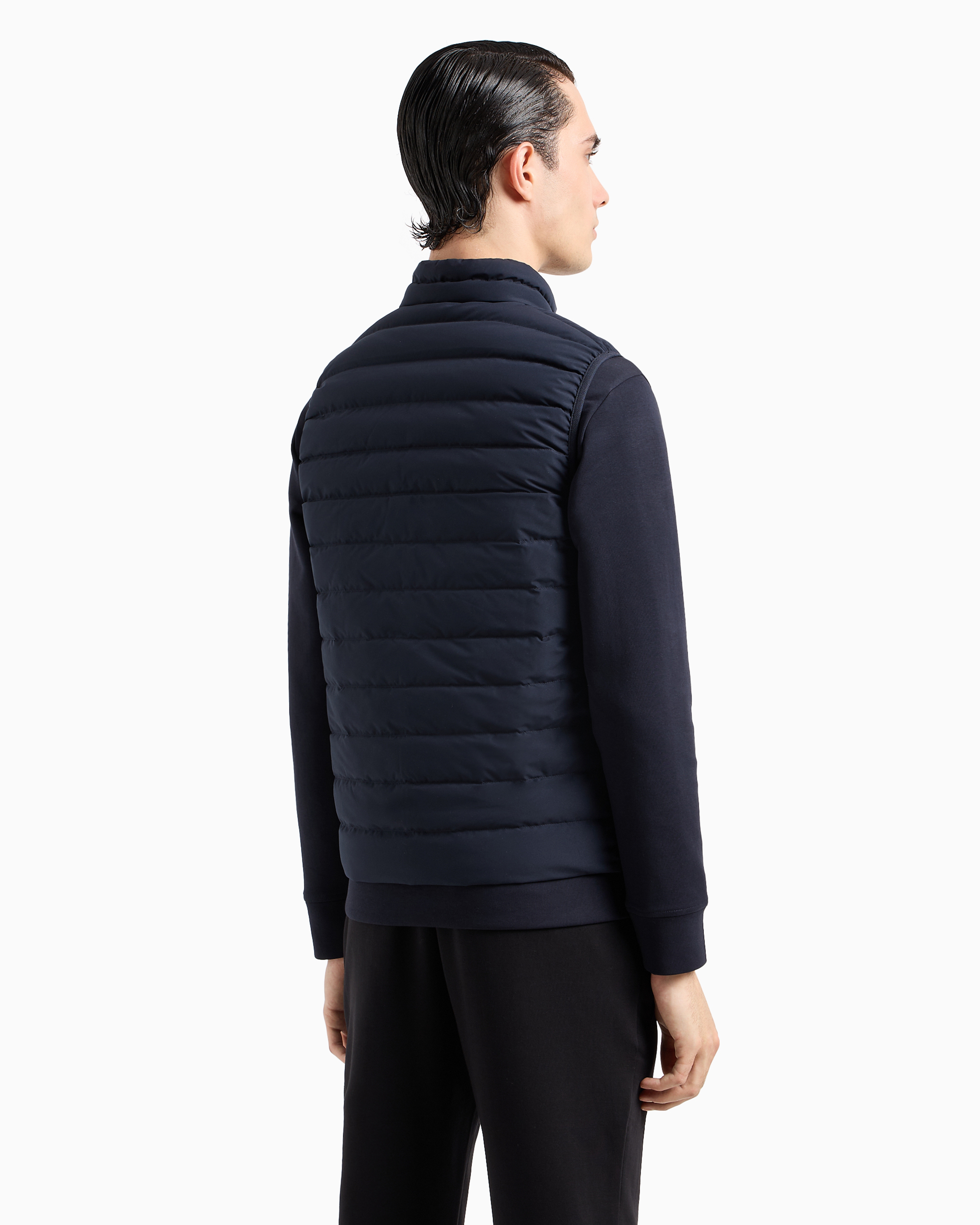 Shop Emporio Armani Sleeveless Full-zip Down Jacket In Quilted Nylon With Eagle Logo Patch In Navy Blue