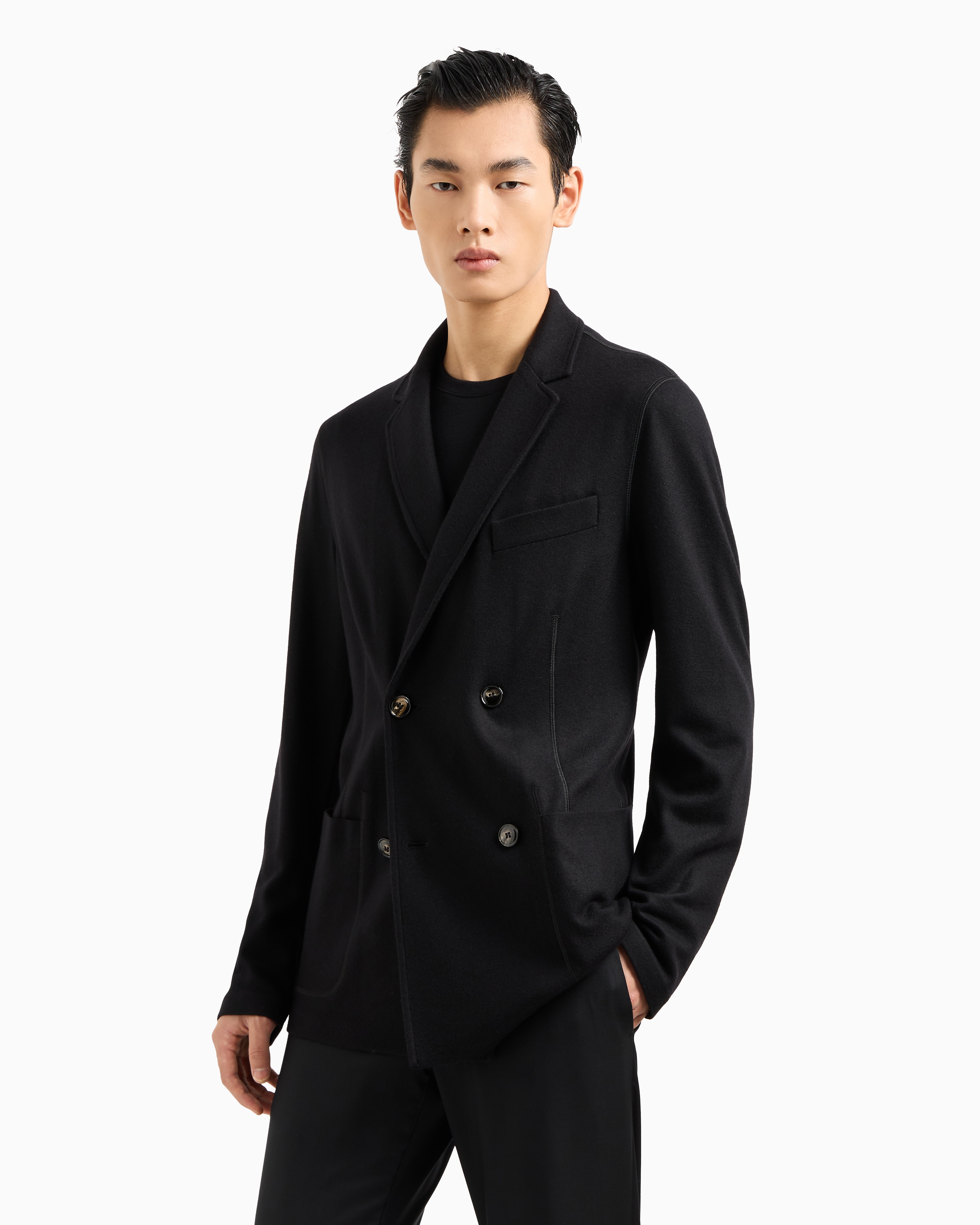 Giorgio Armani Official Store Icon Double-breasted Jacket In Fulled Cashmere Interlock In Black