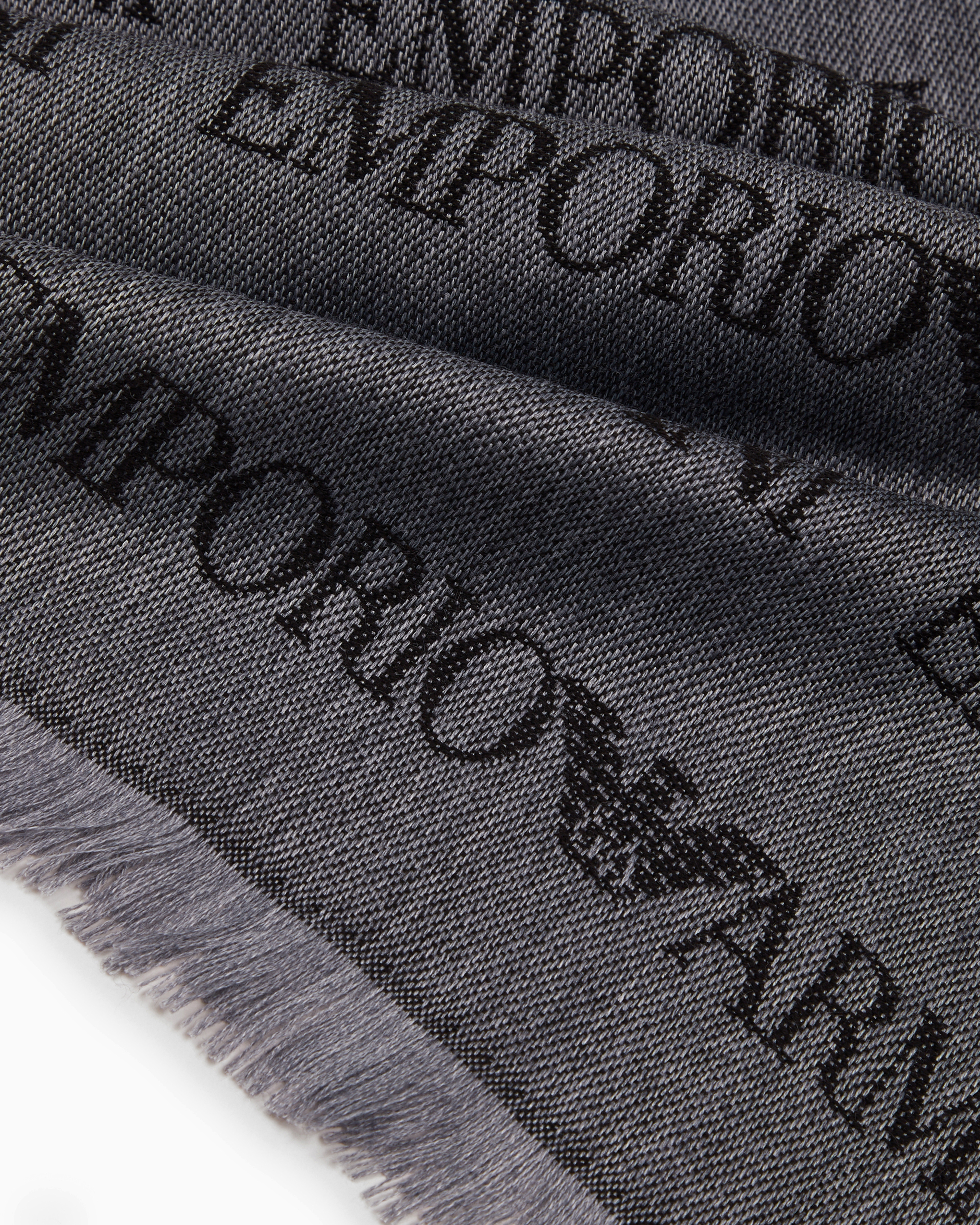 Emporio Armani Virgin-wool Blend Scarf With Jacquard Logo Lettering And Fringes In Grey