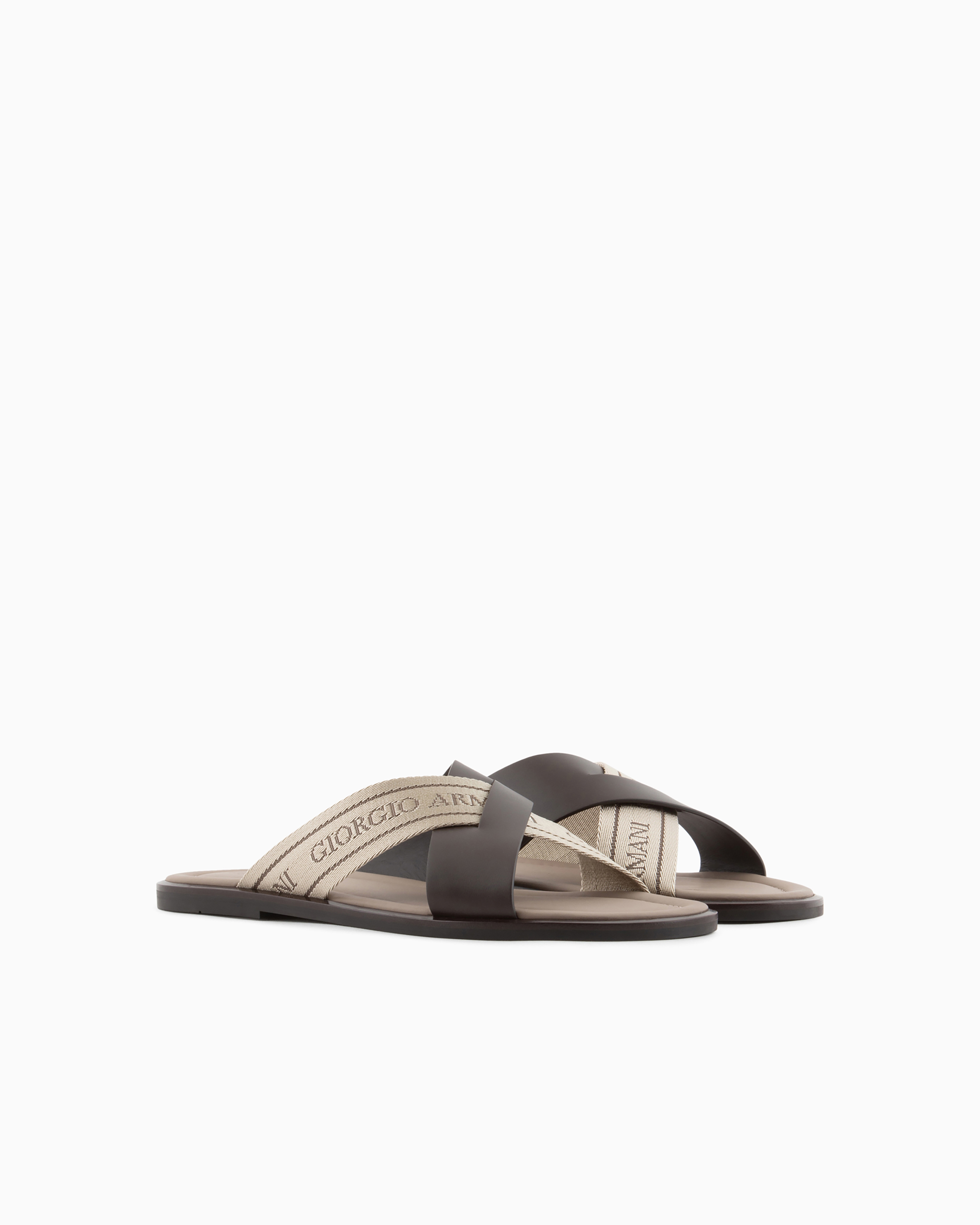 Giorgio Armani Official Store Leather Sandals With Two-toned Tape In Brown