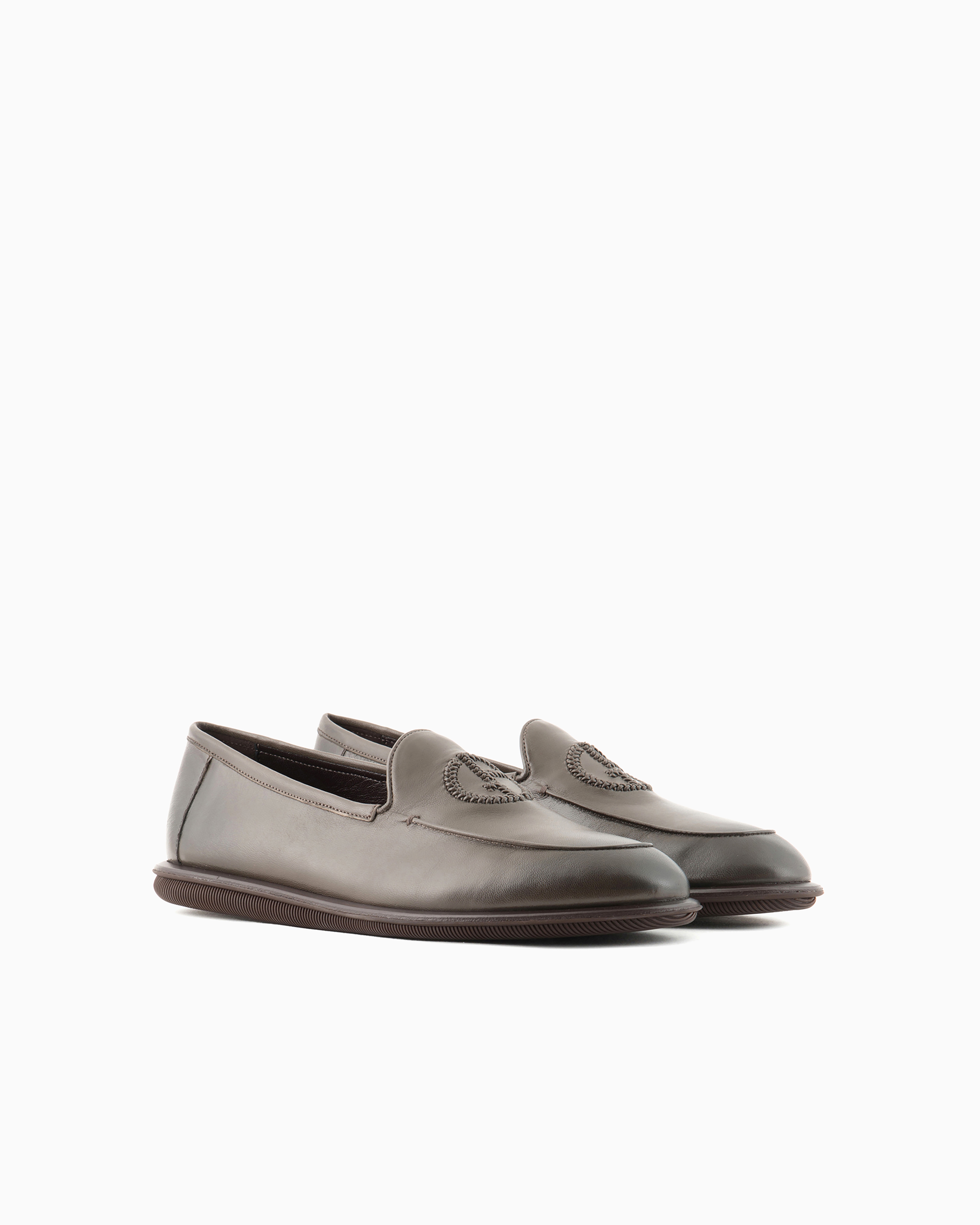 Giorgio Armani Official Store Vintage Nappa Leather Loafers With Embroidered Logo In Dove Grey