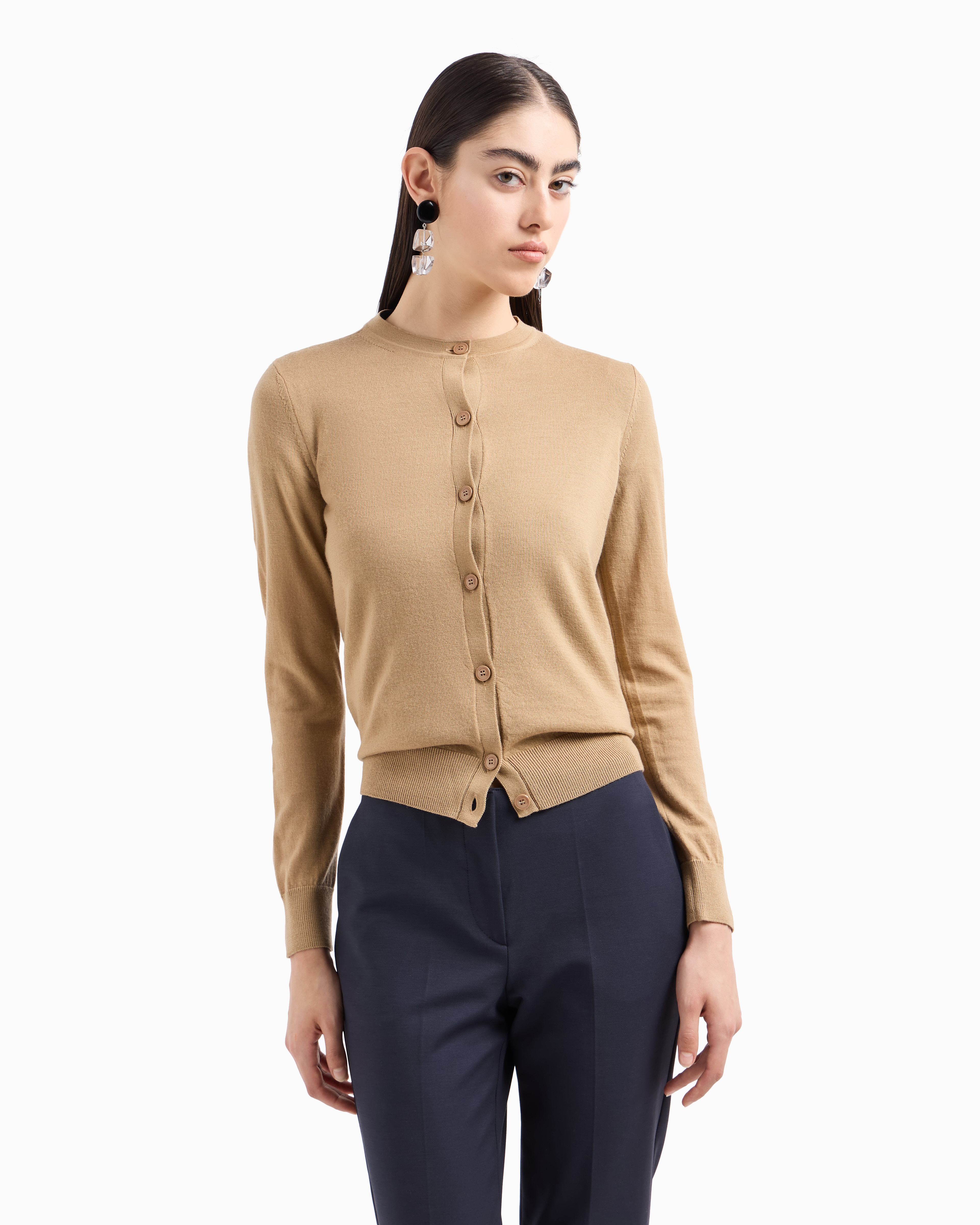 Shop Emporio Armani Cardigan In Plain-knit, Pure Virgin Wool In Camel