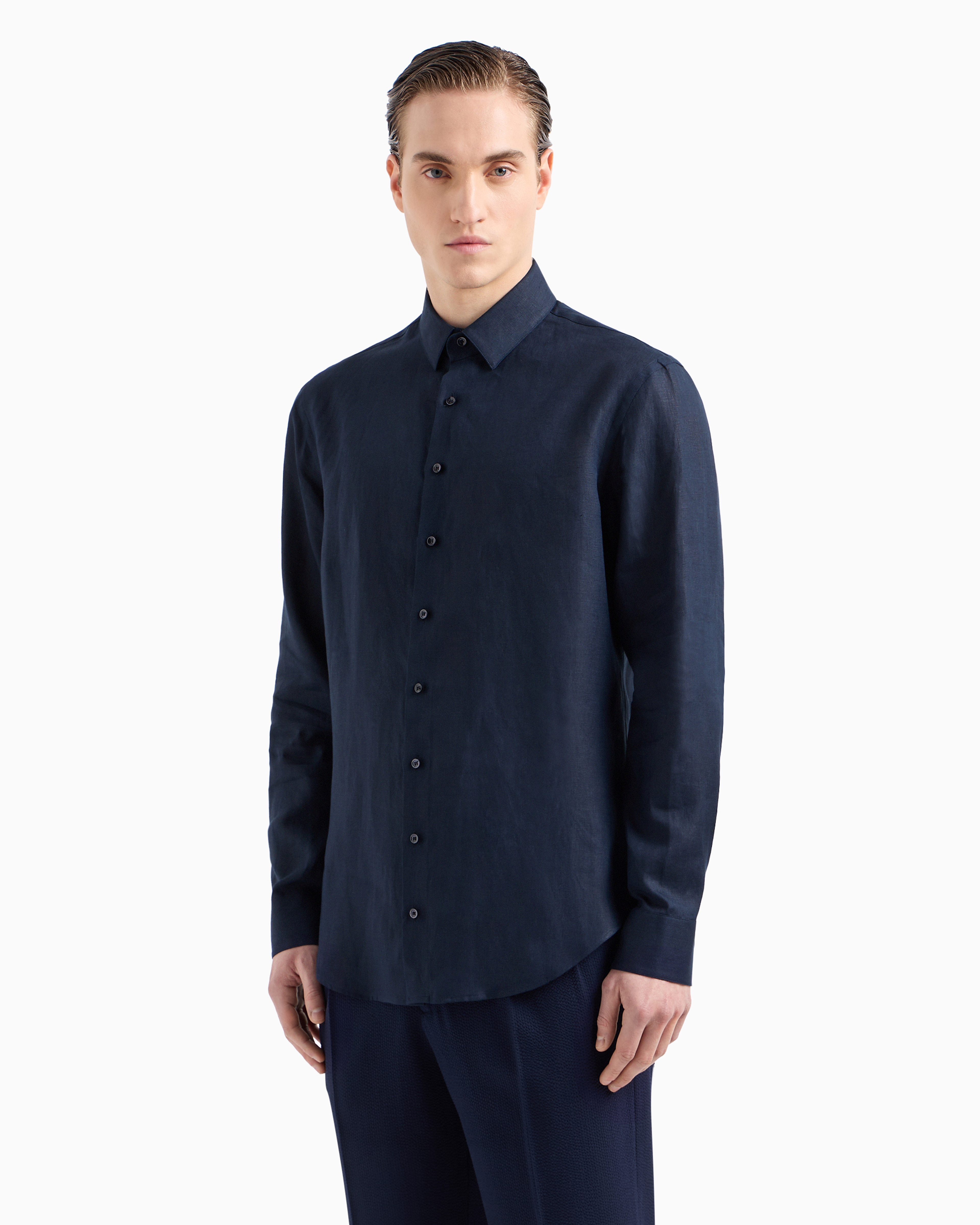 Giorgio Armani Official Store Linen Shirt In Navy Blue