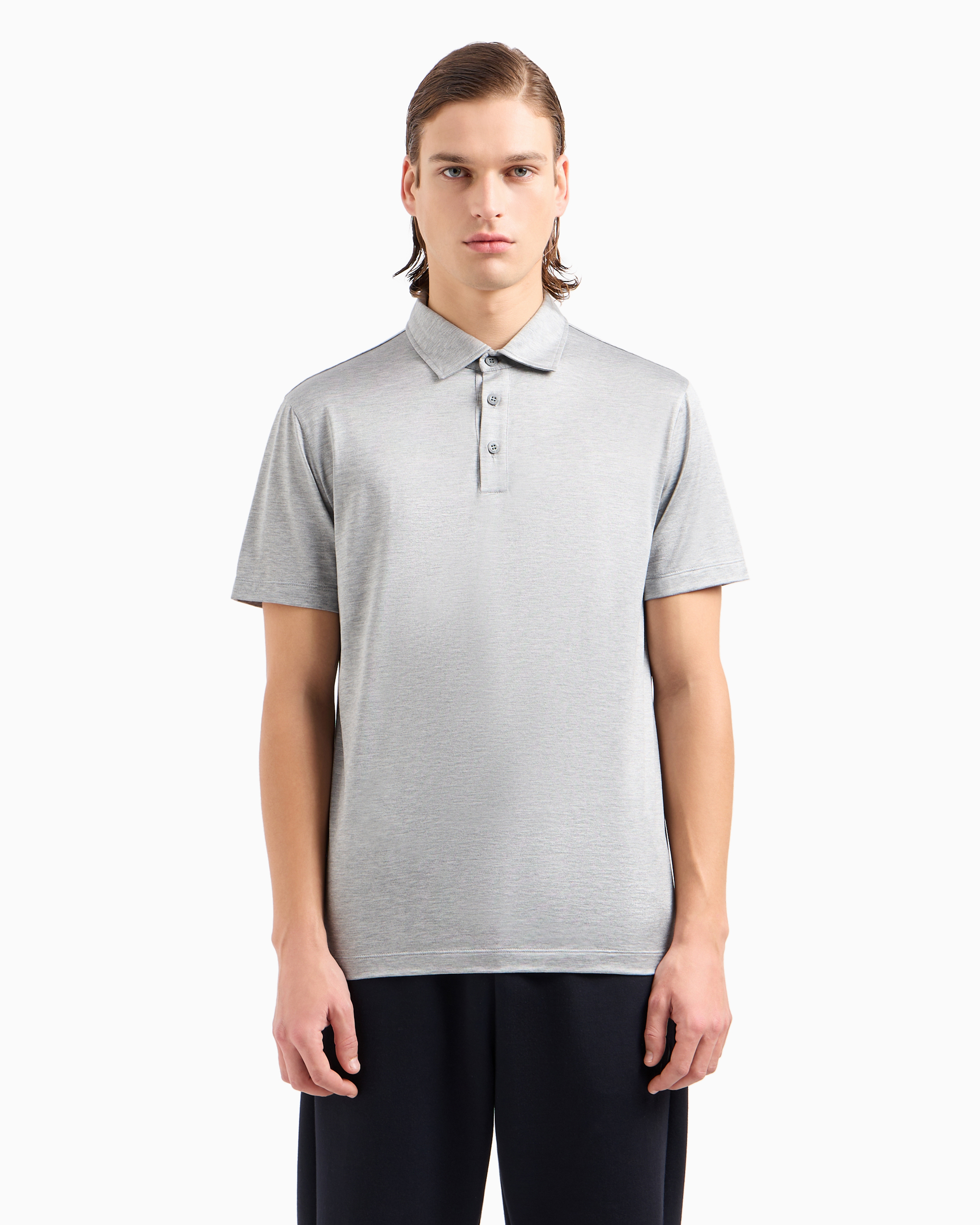 Shop Giorgio Armani Silk And Cotton-mélange Jersey Polo Shirt In Light Gray