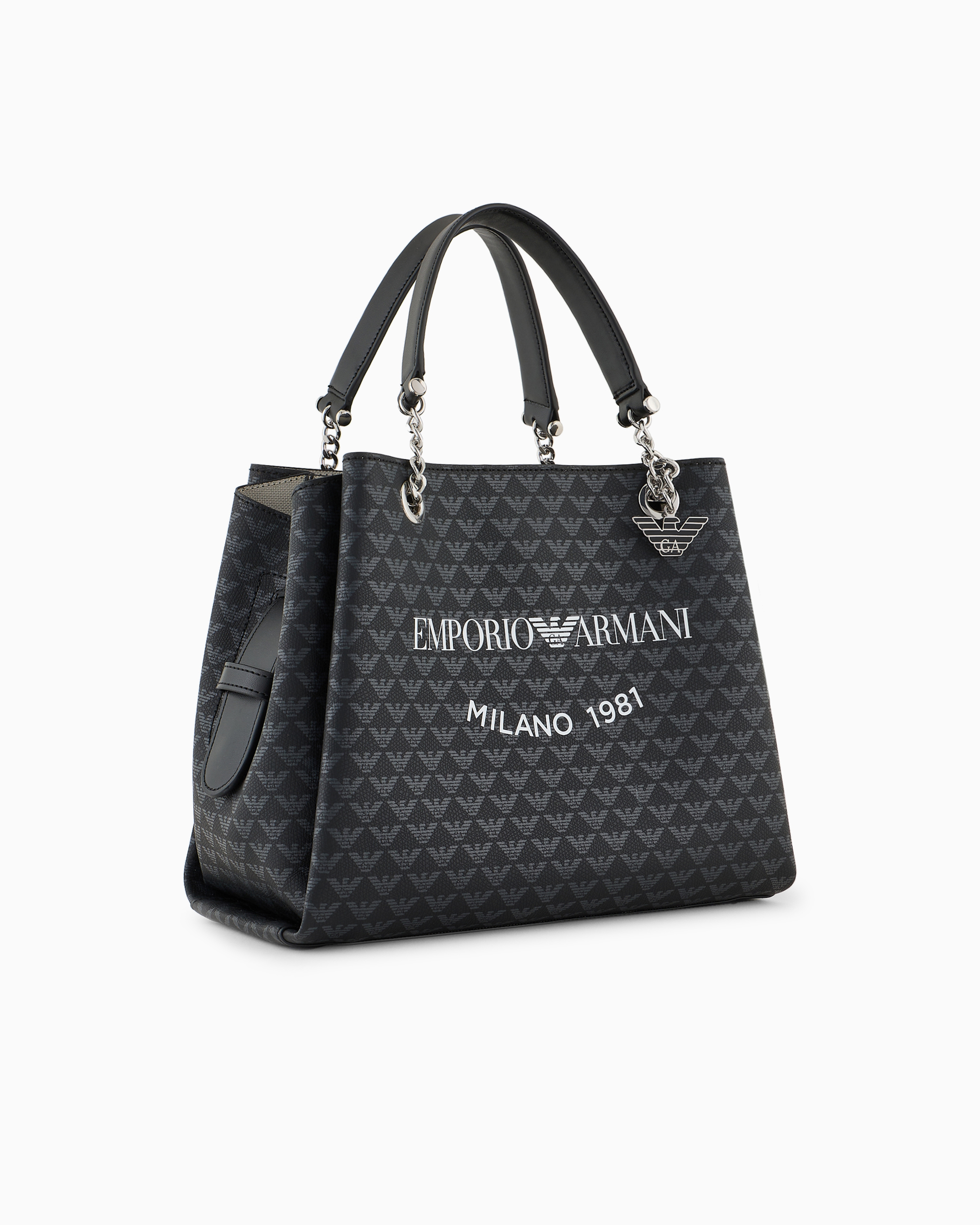 Emporio Armani All-over Eagle Handbag With Milano 1981 Logo Print In Bianco E Nero