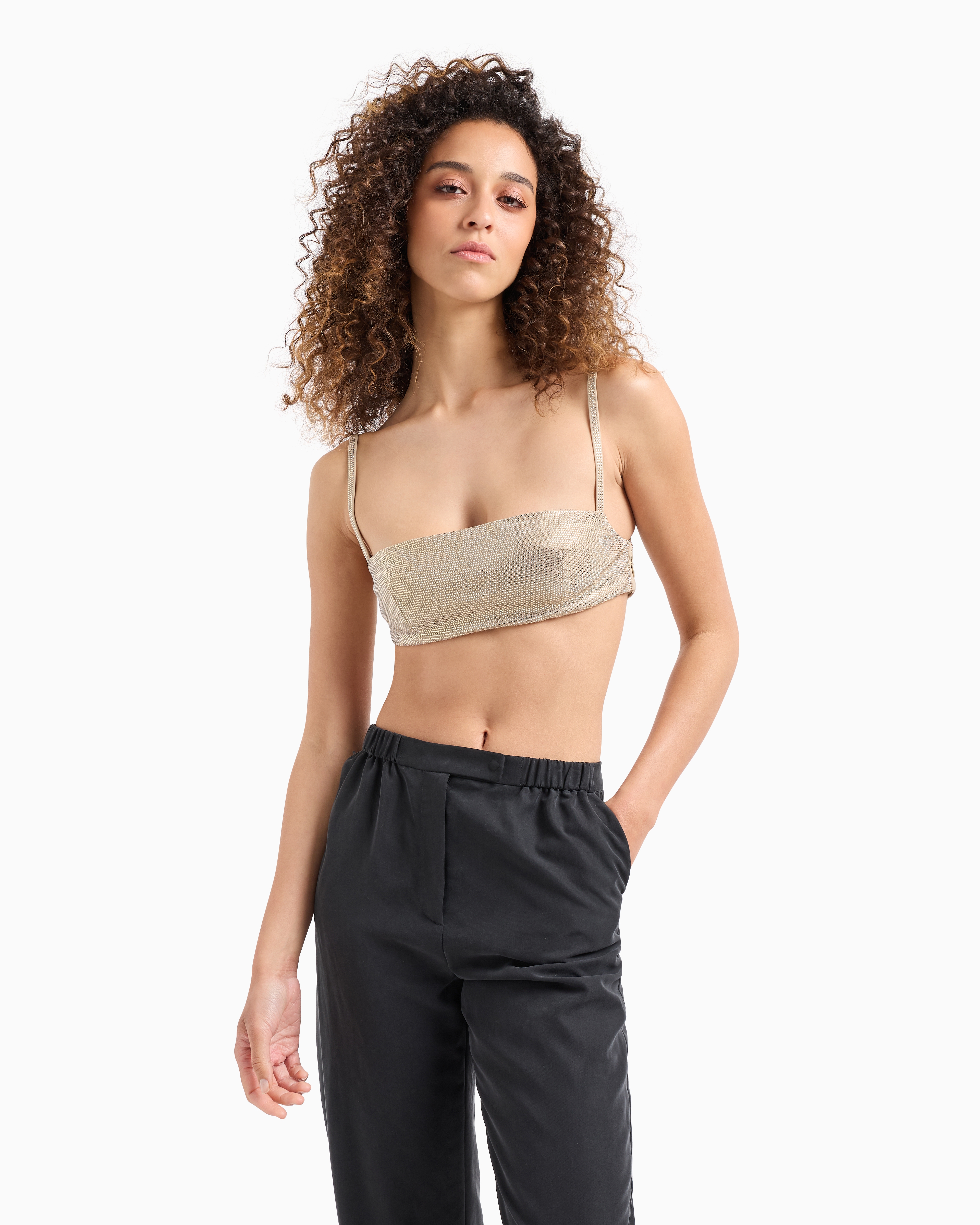 Emporio Armani Official Store Rhinestone-covered Bandeau Top With Shoulder Straps In Beige