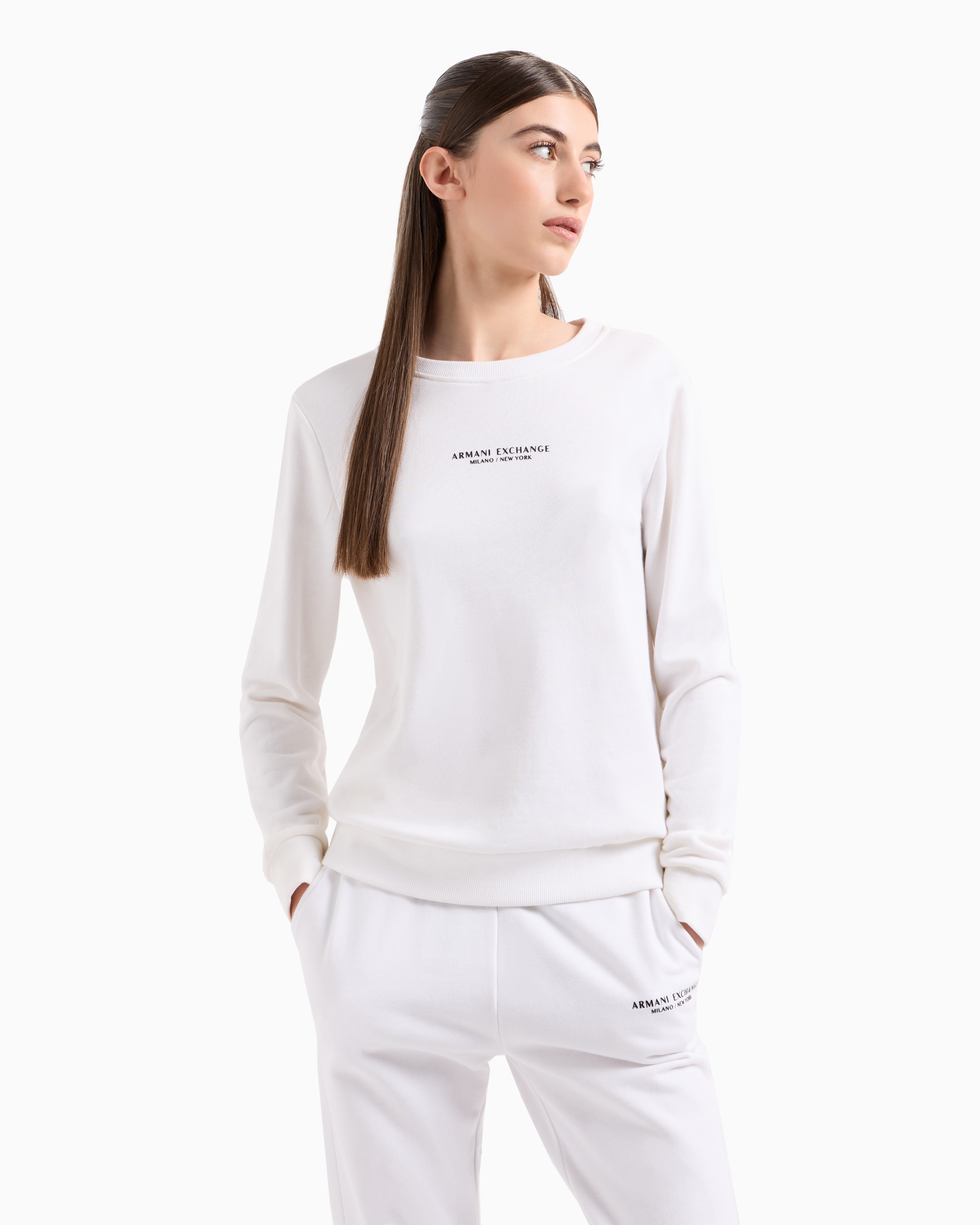 Shop Armani Exchange Crewneck Sweatshirt In French Terry Milano/new York In White