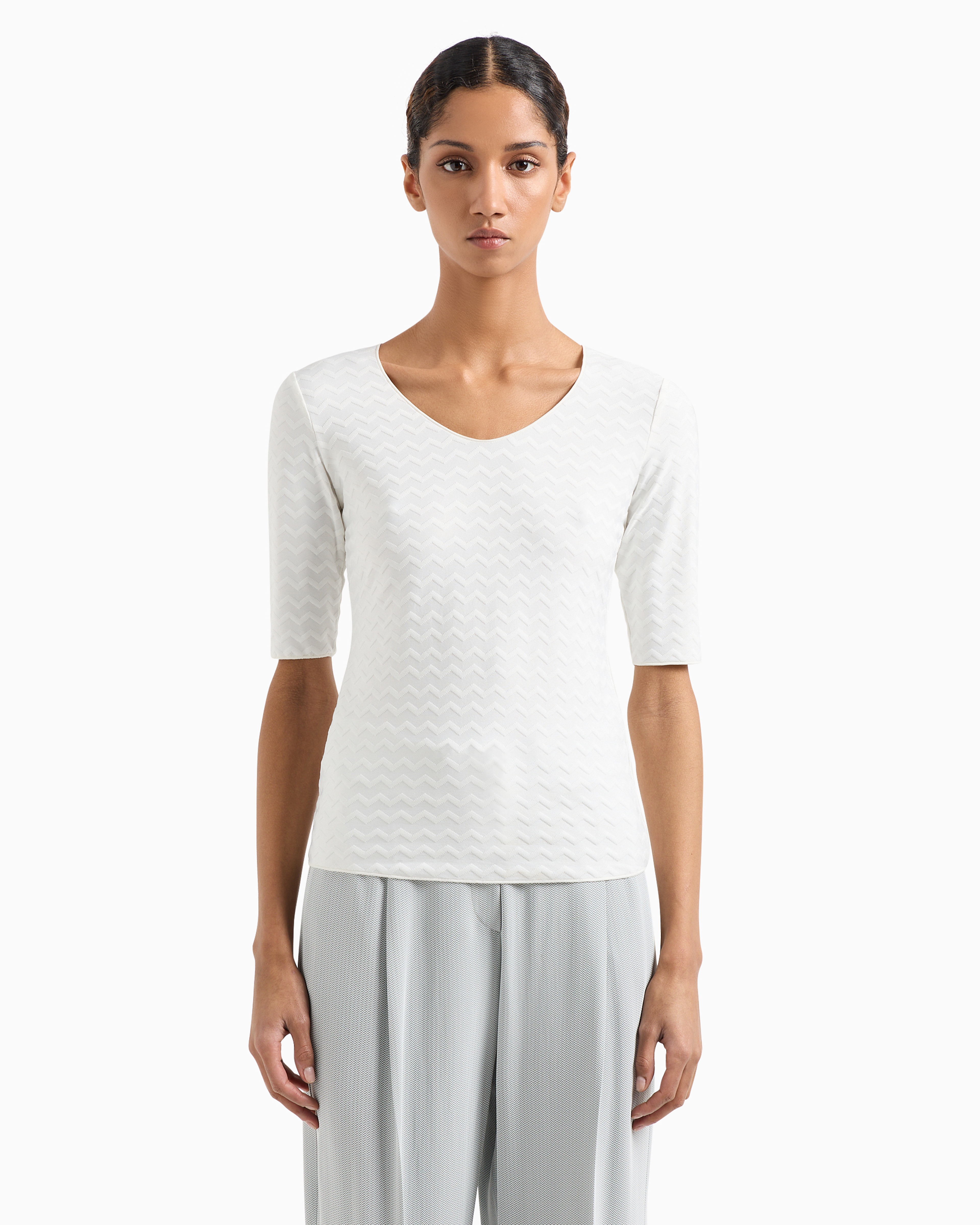 Emporio Armani Two-way Stretch Jacquard Jersey V-neck Jumper With Three-quarter Length Sleeves In White