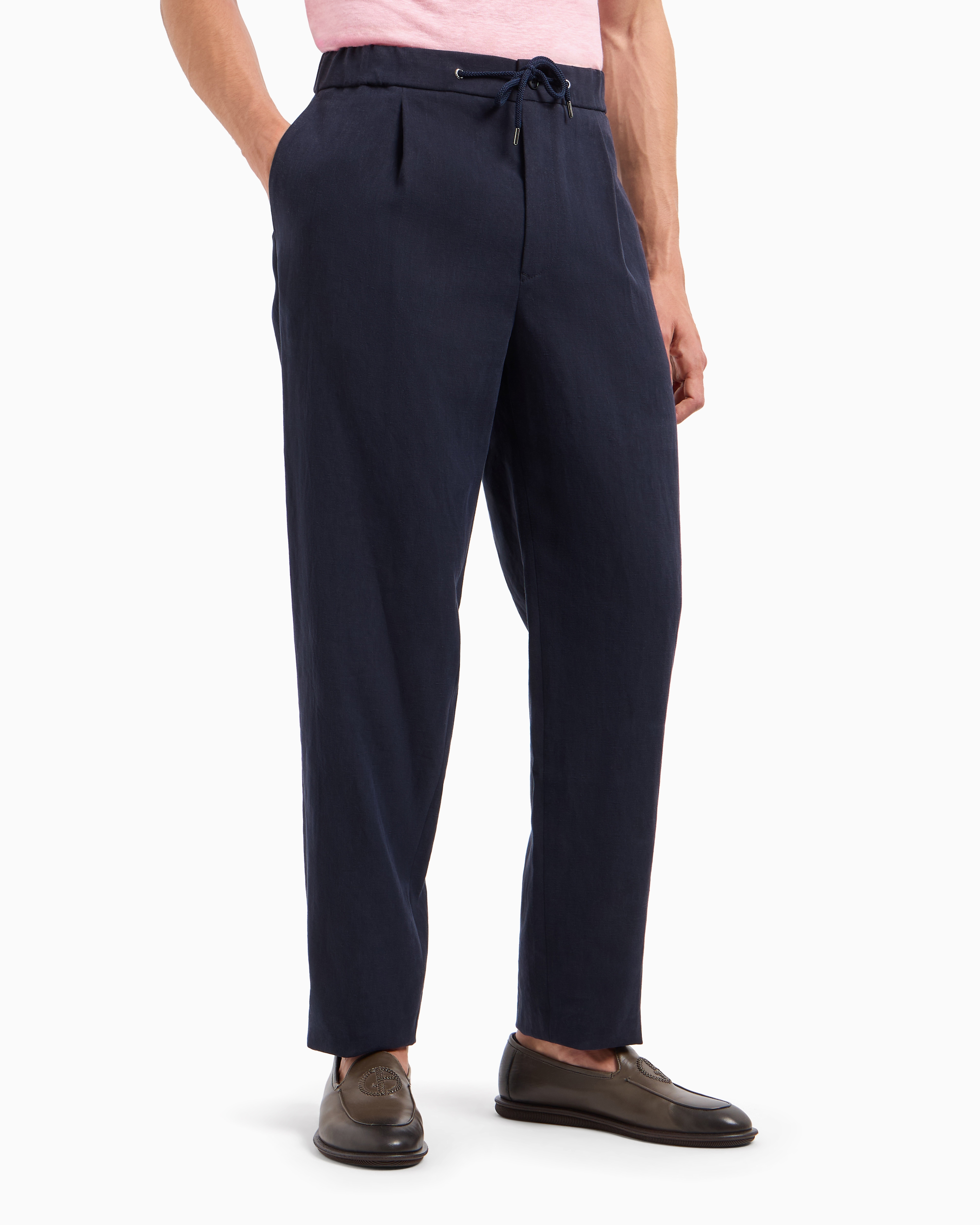 Shop Giorgio Armani Single-dart, Pure Linen Canvas Trousers In Blue