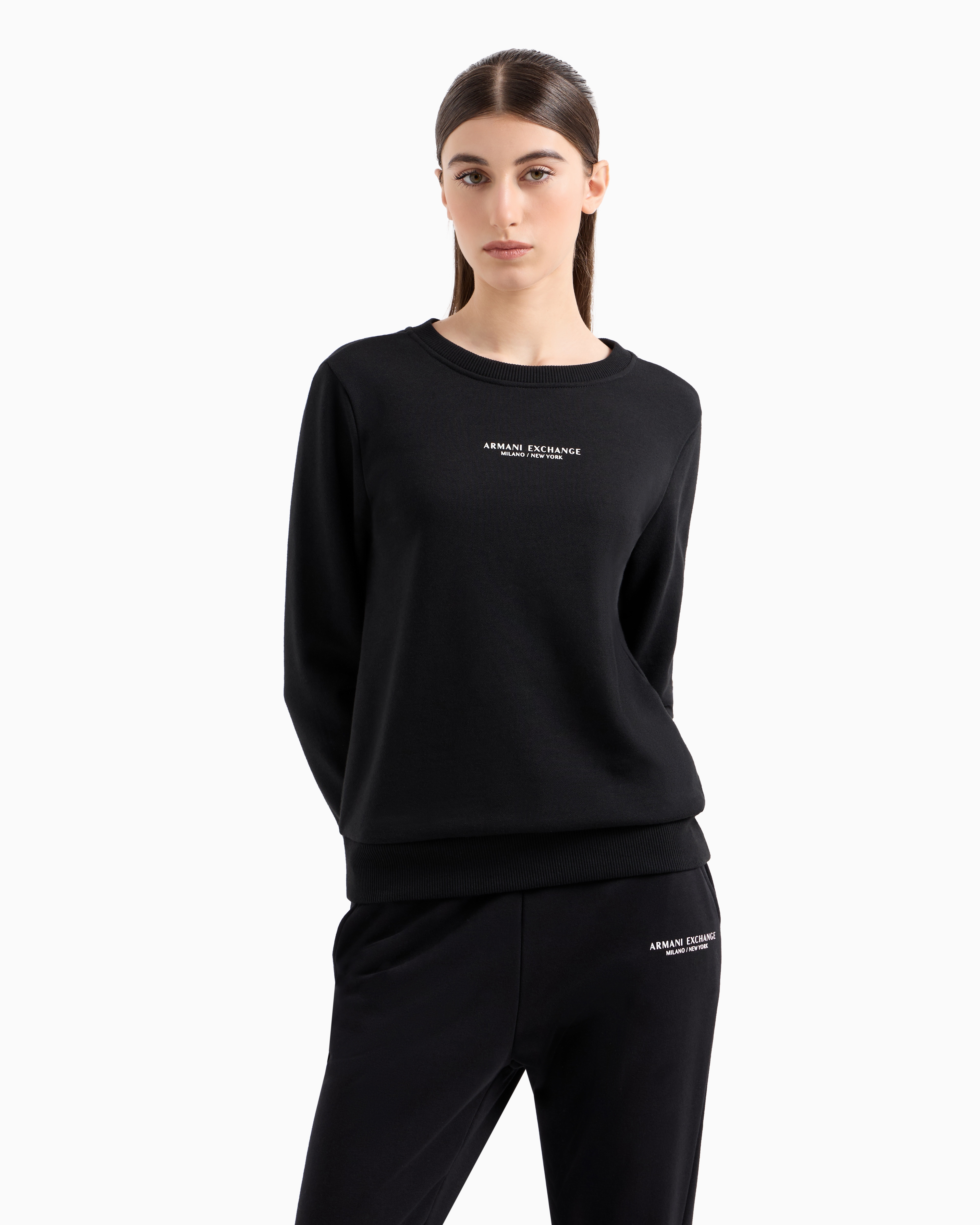 Shop Armani Exchange Crewneck Sweatshirt In French Terry Milano/new York In Black