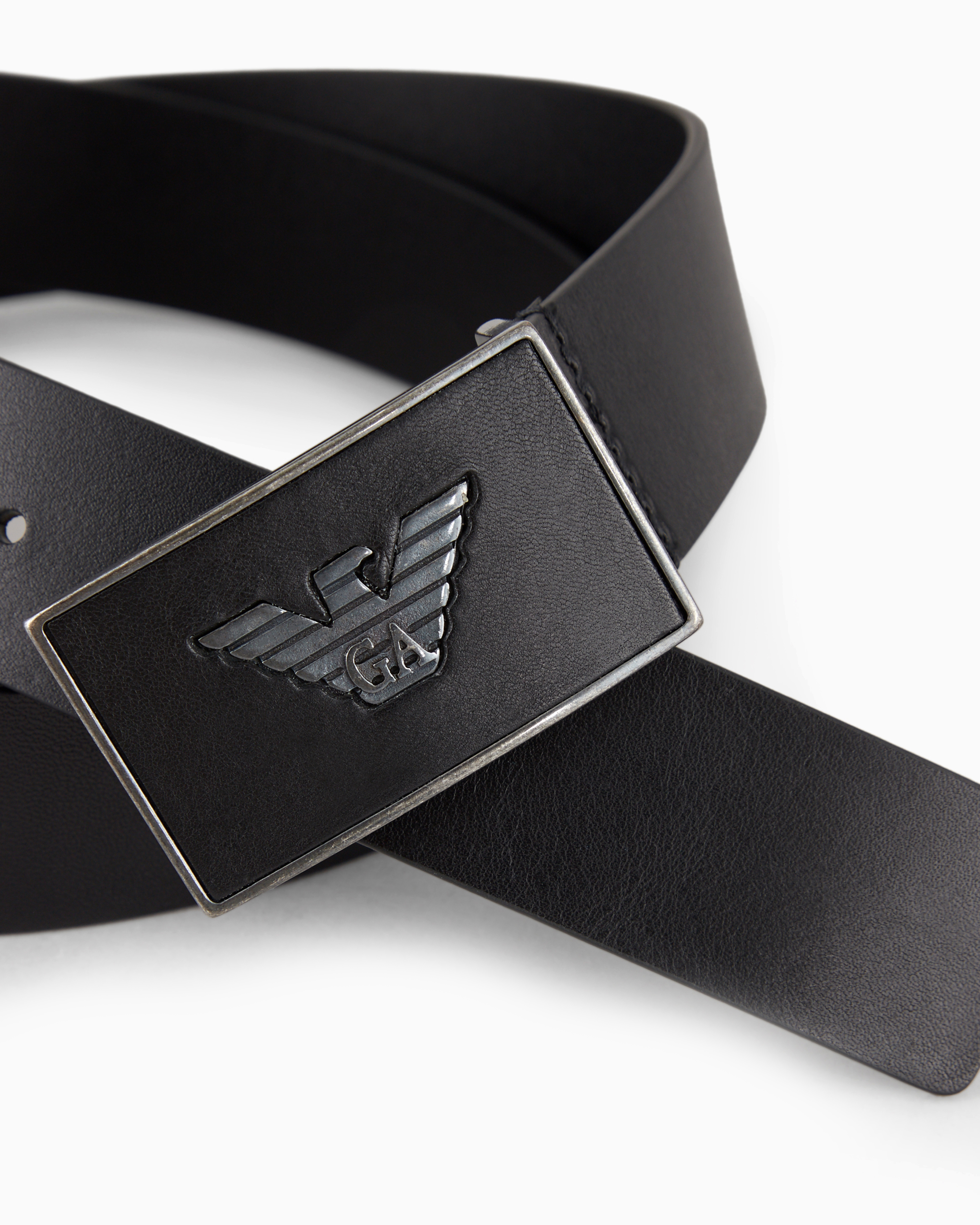 Shop Emporio Armani Leather Belt With Eagle Plate In Black