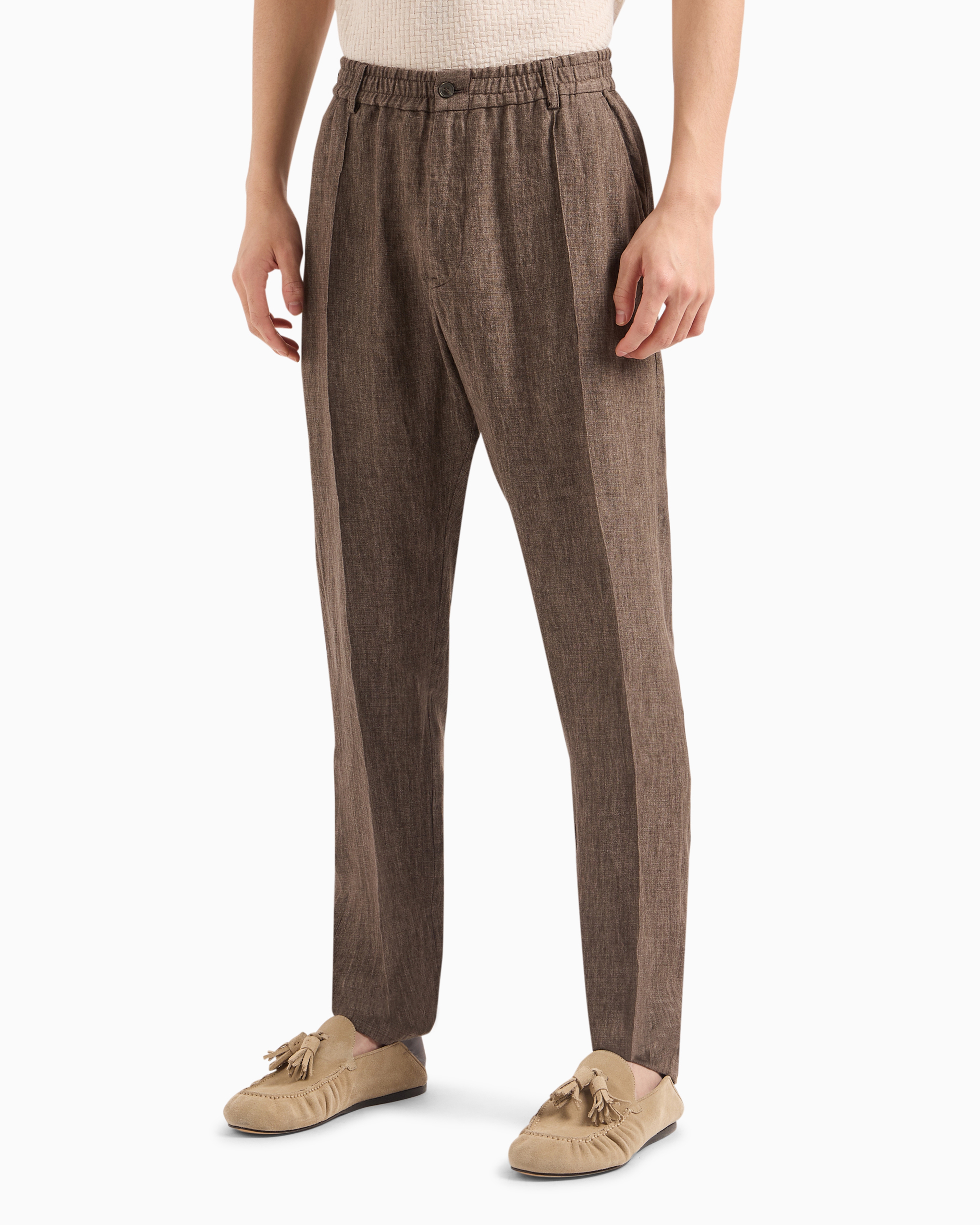 Shop Emporio Armani Crêpe-effect Faded Linen Trousers With Ribbing In Brown