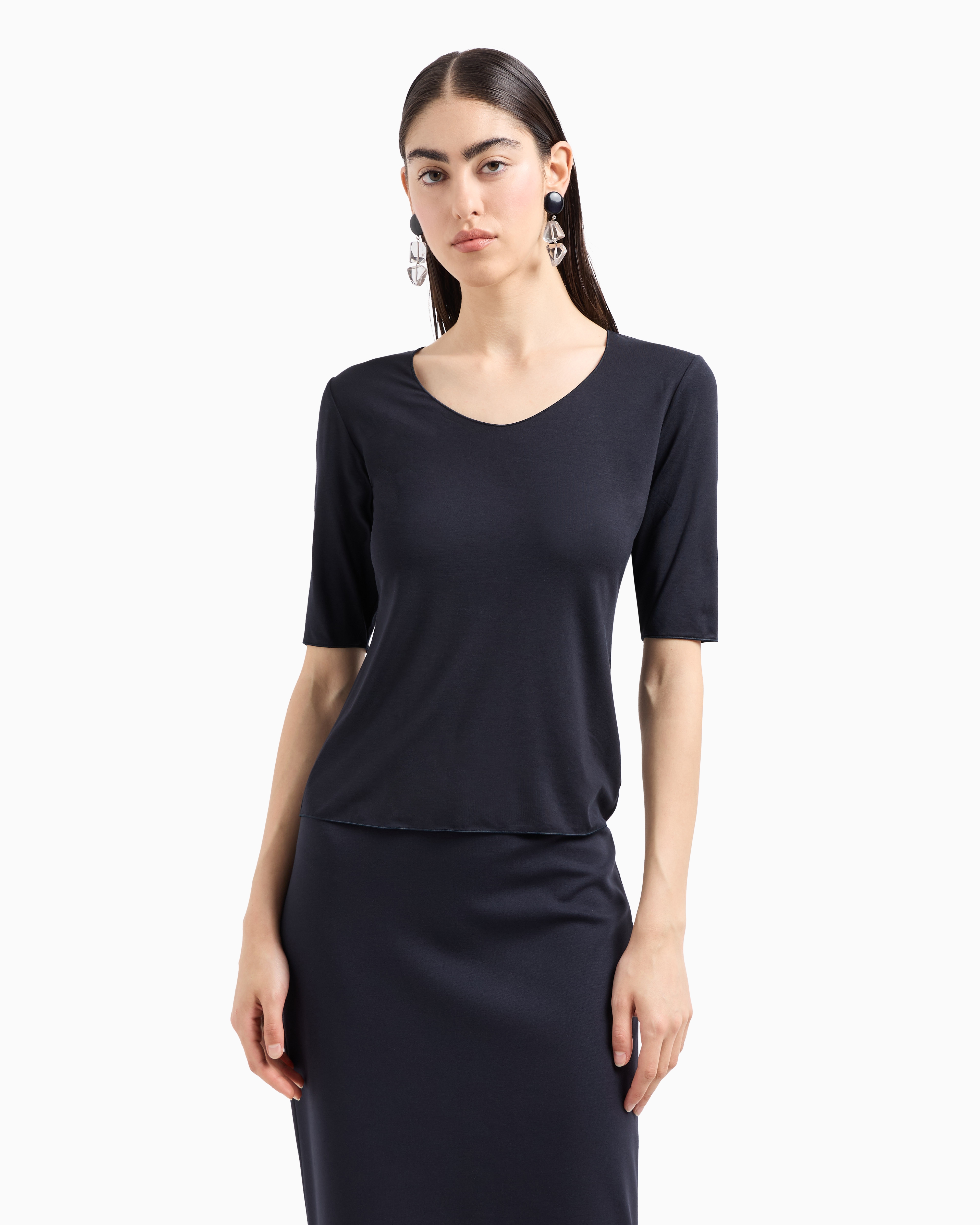Emporio Armani Official Store Viscose Stretch Jersey V-neck Jumper With Three-quarter Length Sleeves In Navy Blue