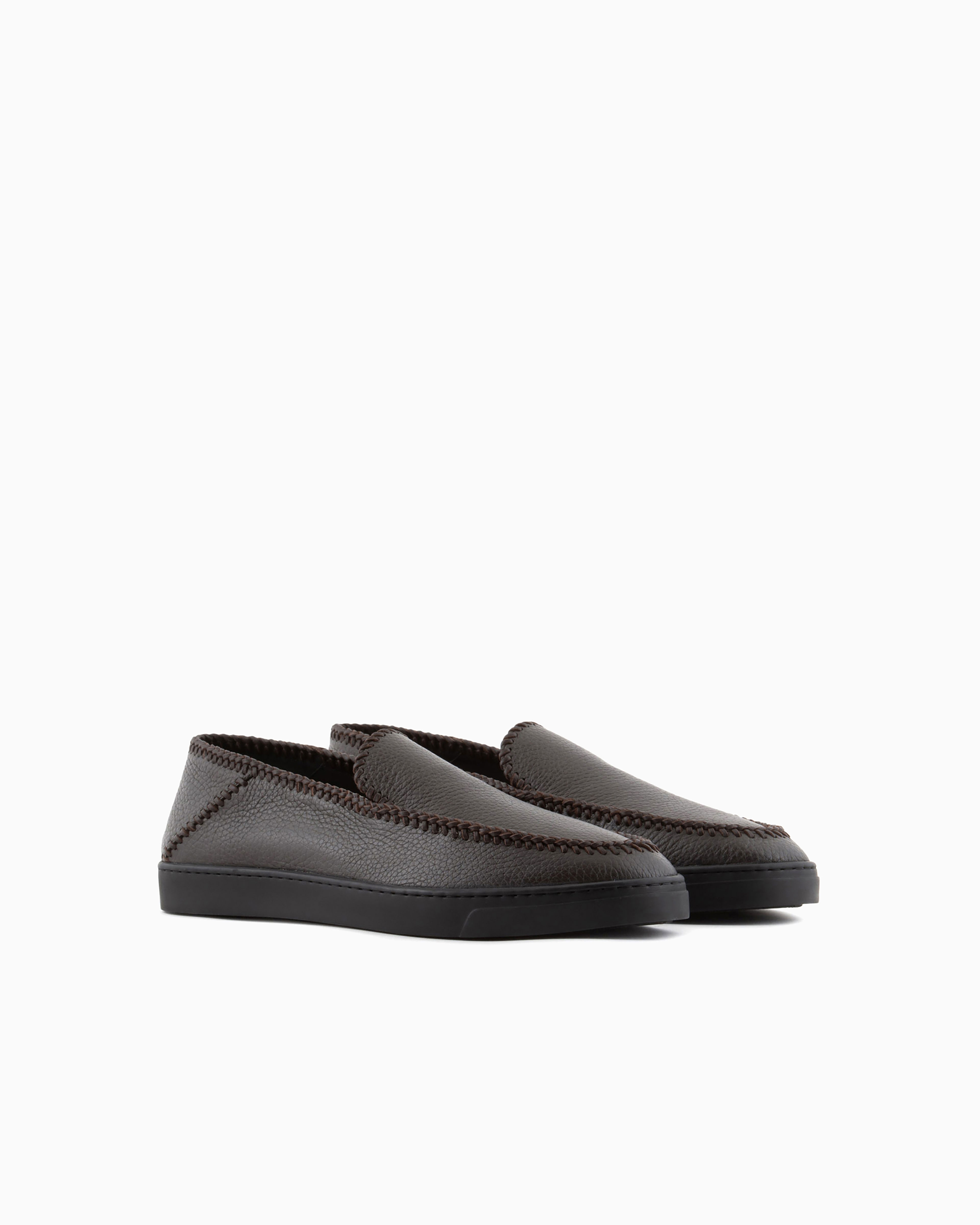 Giorgio Armani Official Store Deerskin Slip-ons With Threading In Brown