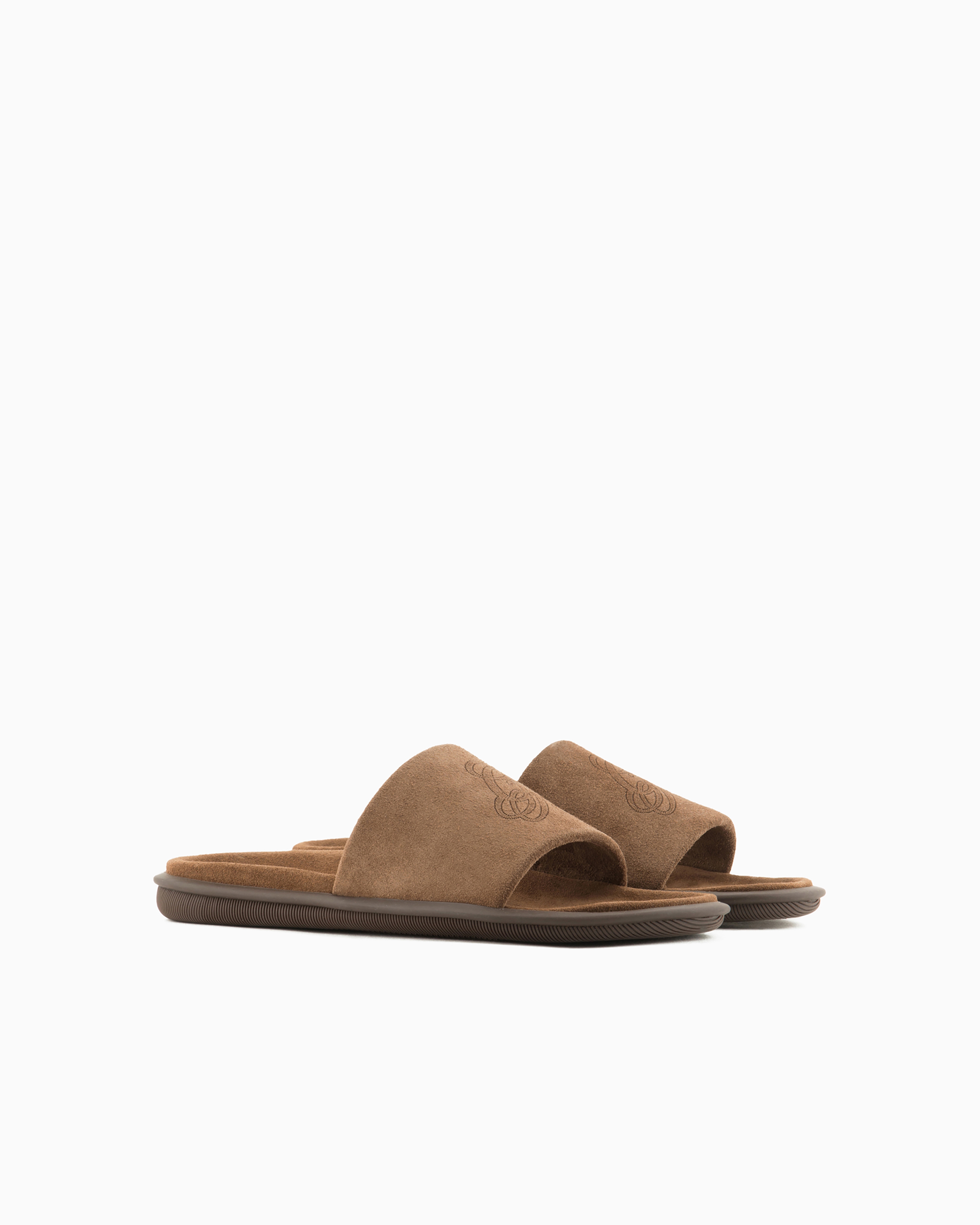 Giorgio Armani Official Store Suede Sandals With Logo In Tobacco