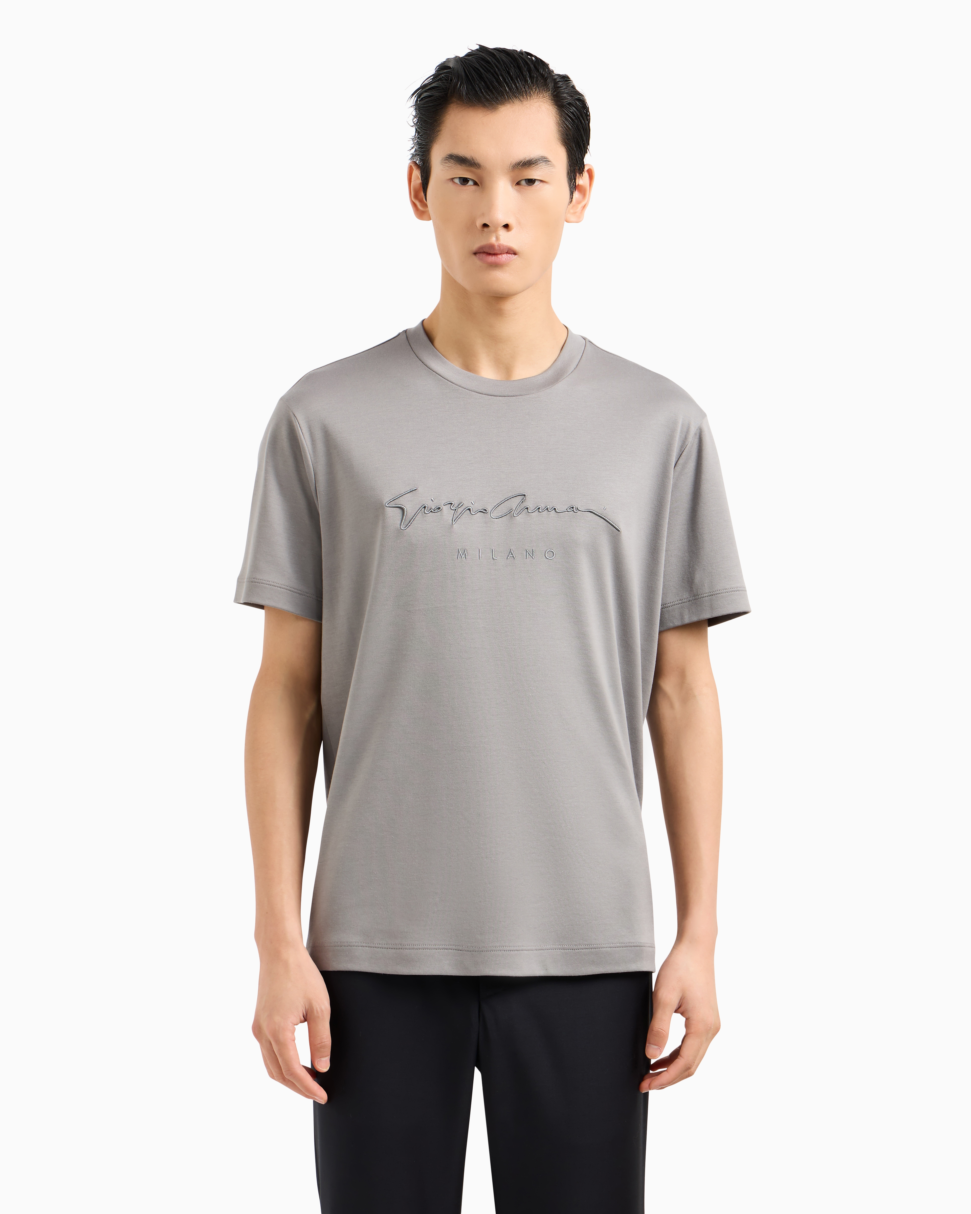 GIORGIO ARMANI PURE COTTON INTERLOCK T-SHIRT WITH EMBROIDERED LOGO 